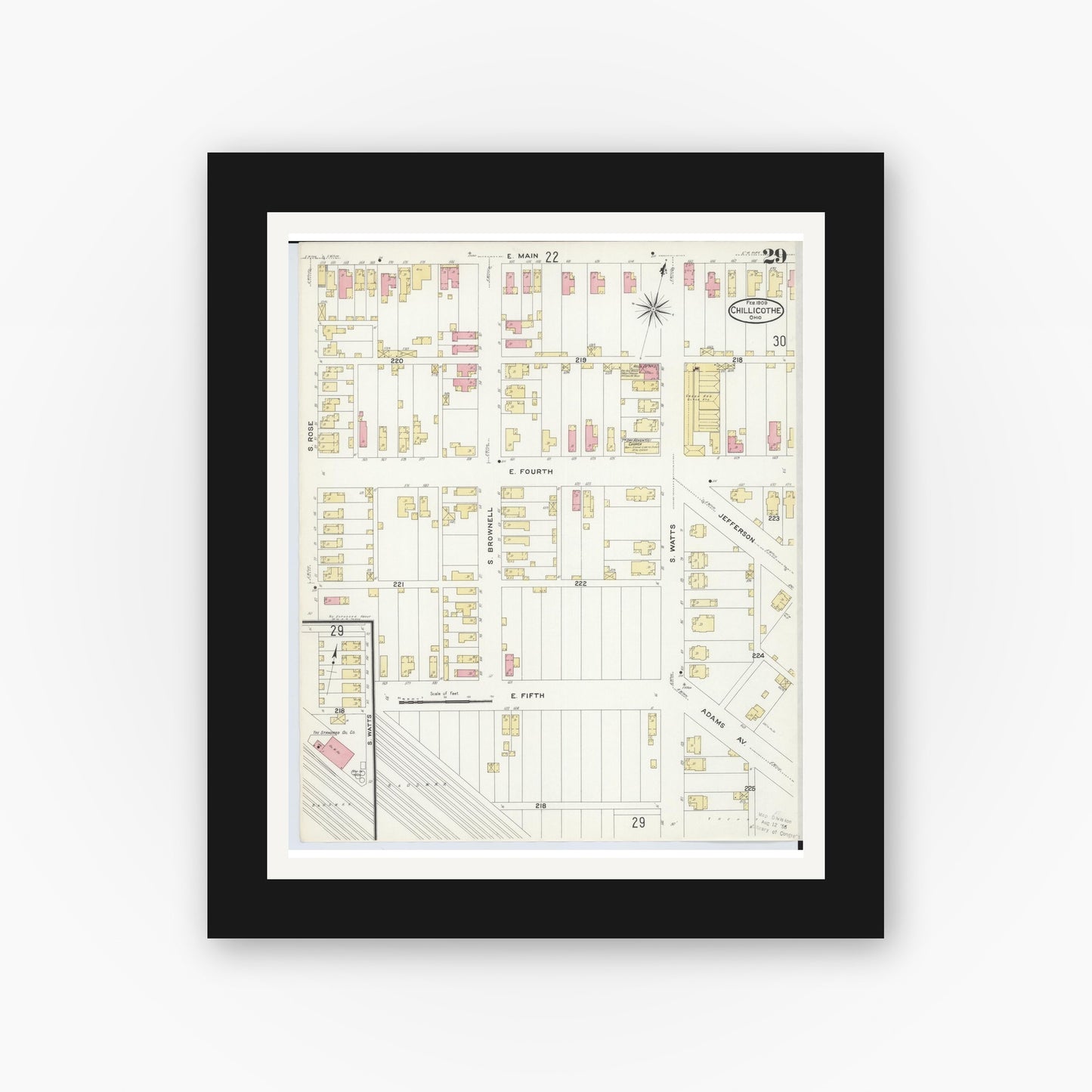 Old map wall art mockup — black gallery frame with white mat — Sanborn Fire Insurance Map from Chillicothe, Ross County, Ohio (1909), Sheet #0029