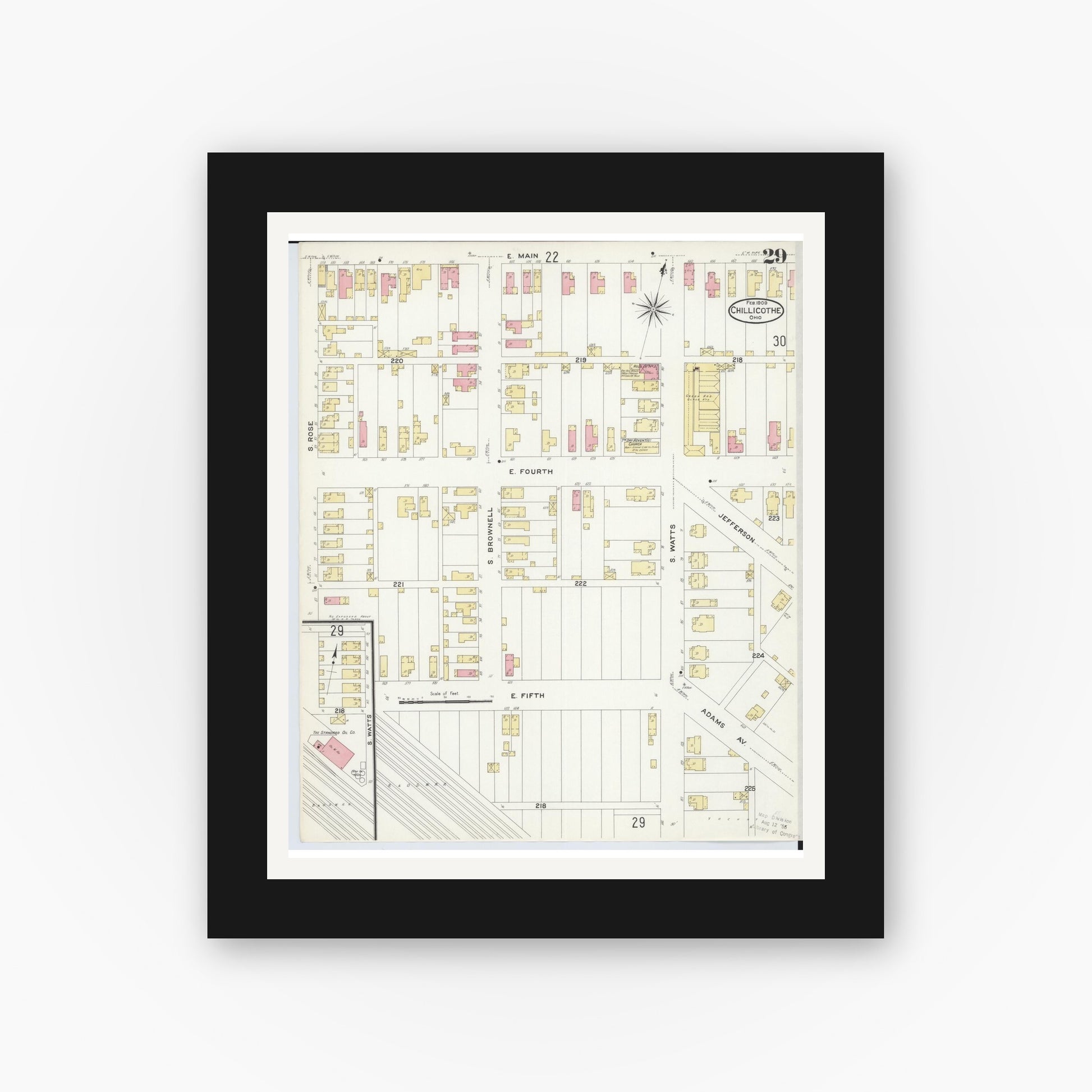 Old map wall art mockup — black gallery frame with white mat — Sanborn Fire Insurance Map from Chillicothe, Ross County, Ohio (1909), Sheet #0029