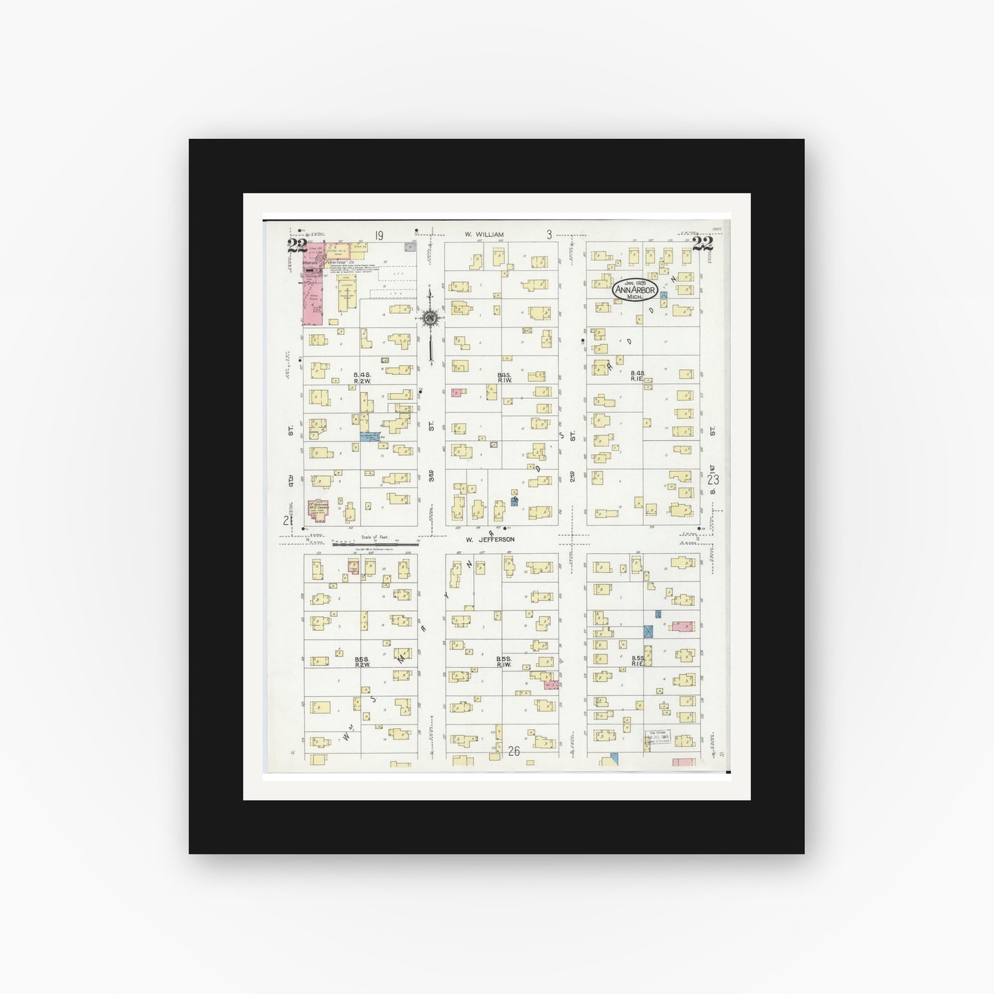 Old map wall art mockup — black gallery frame with white mat — Sanborn Fire Insurance Map from Ann Arbor, Washtenaw County, Michigan (1925), Sheet #0022