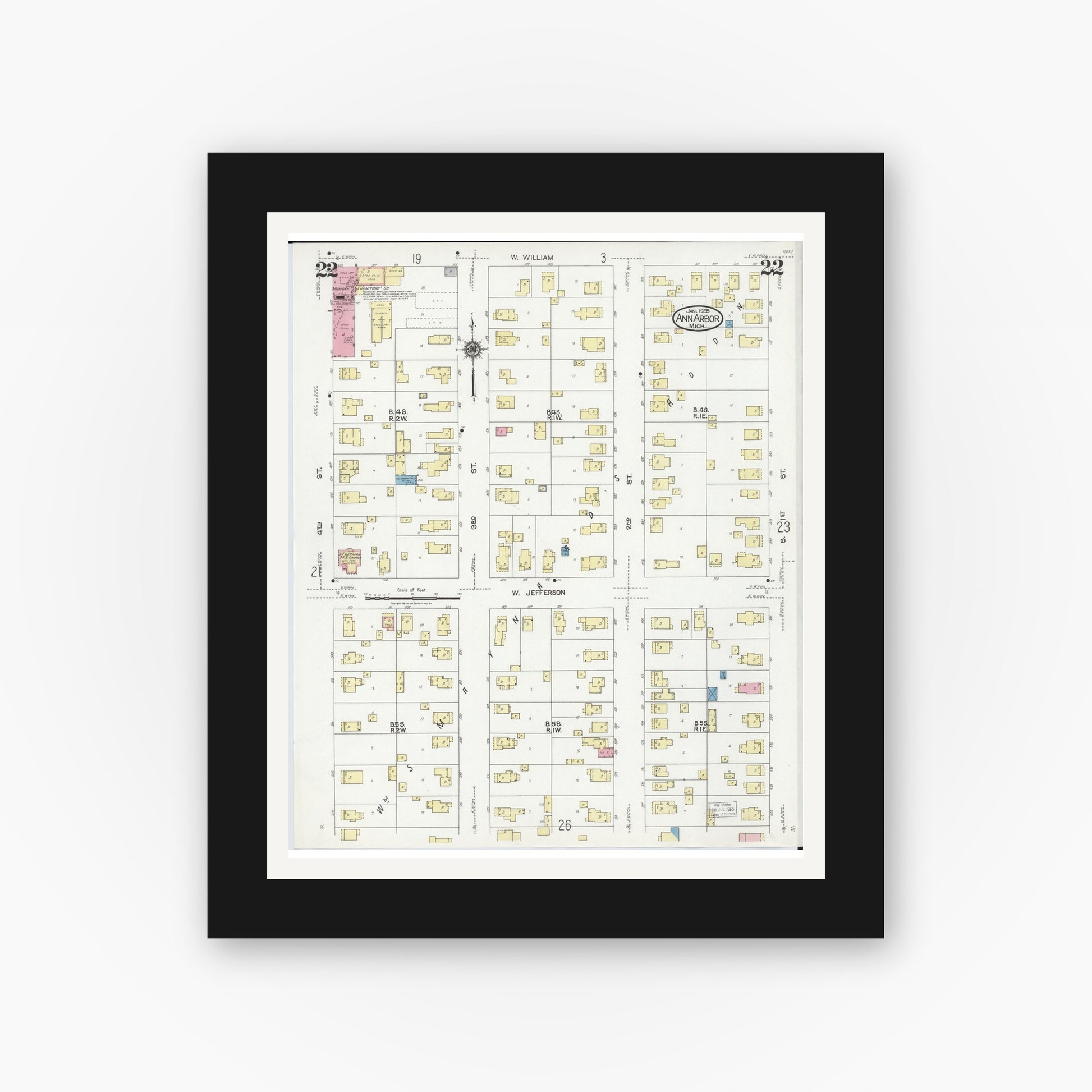 Old map wall art mockup — black gallery frame with white mat — Sanborn Fire Insurance Map from Ann Arbor, Washtenaw County, Michigan (1925), Sheet #0022