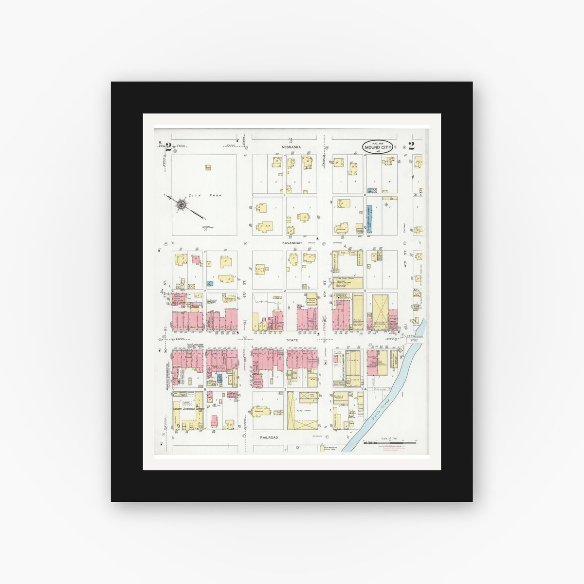 Old map wall art mockup — black gallery frame with white mat — Sanborn Fire Insurance Map from Mound City, Holt County, Missouri (1928), Sheet #0002