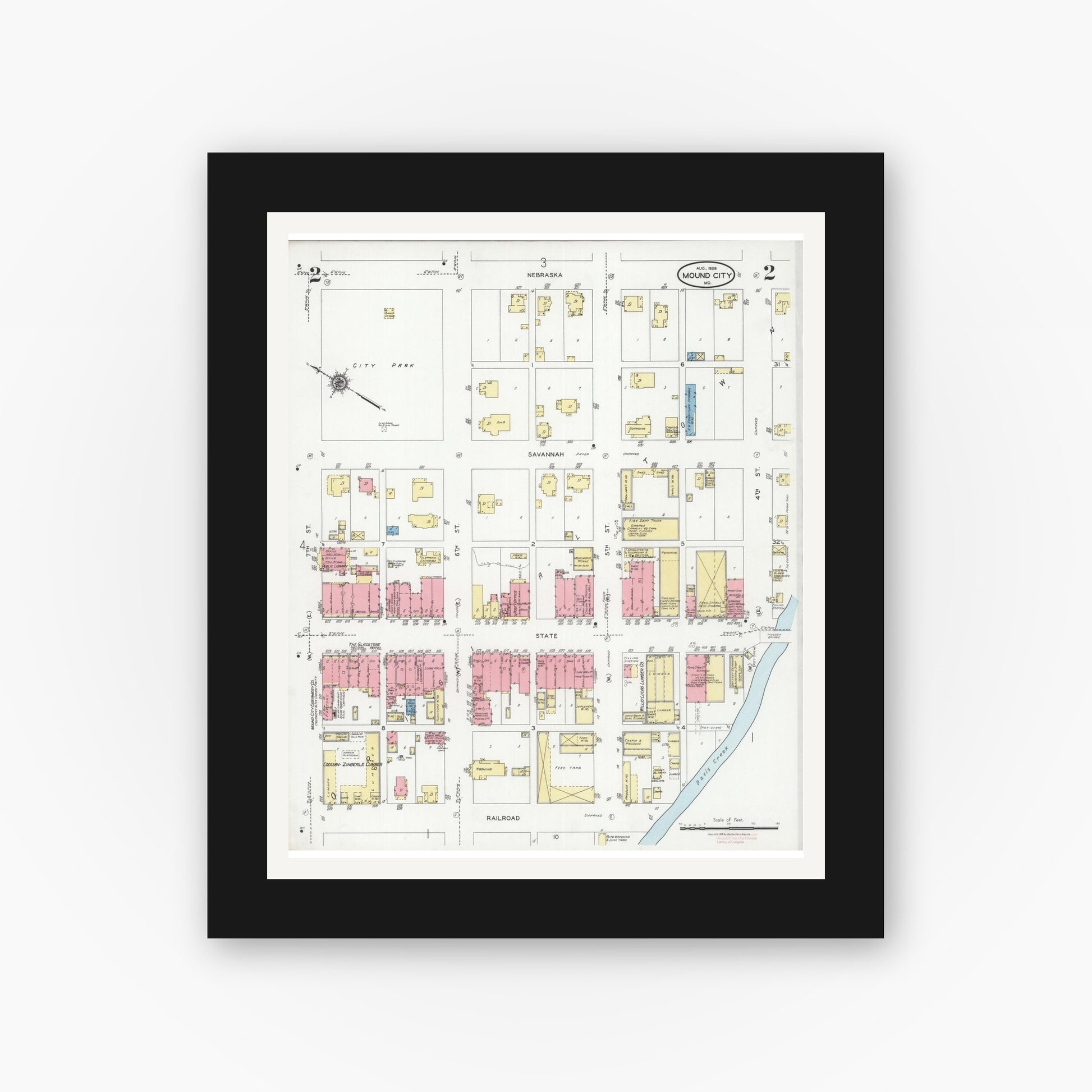Old map wall art mockup — black gallery frame with white mat — Sanborn Fire Insurance Map from Mound City, Holt County, Missouri (1928), Sheet #0002