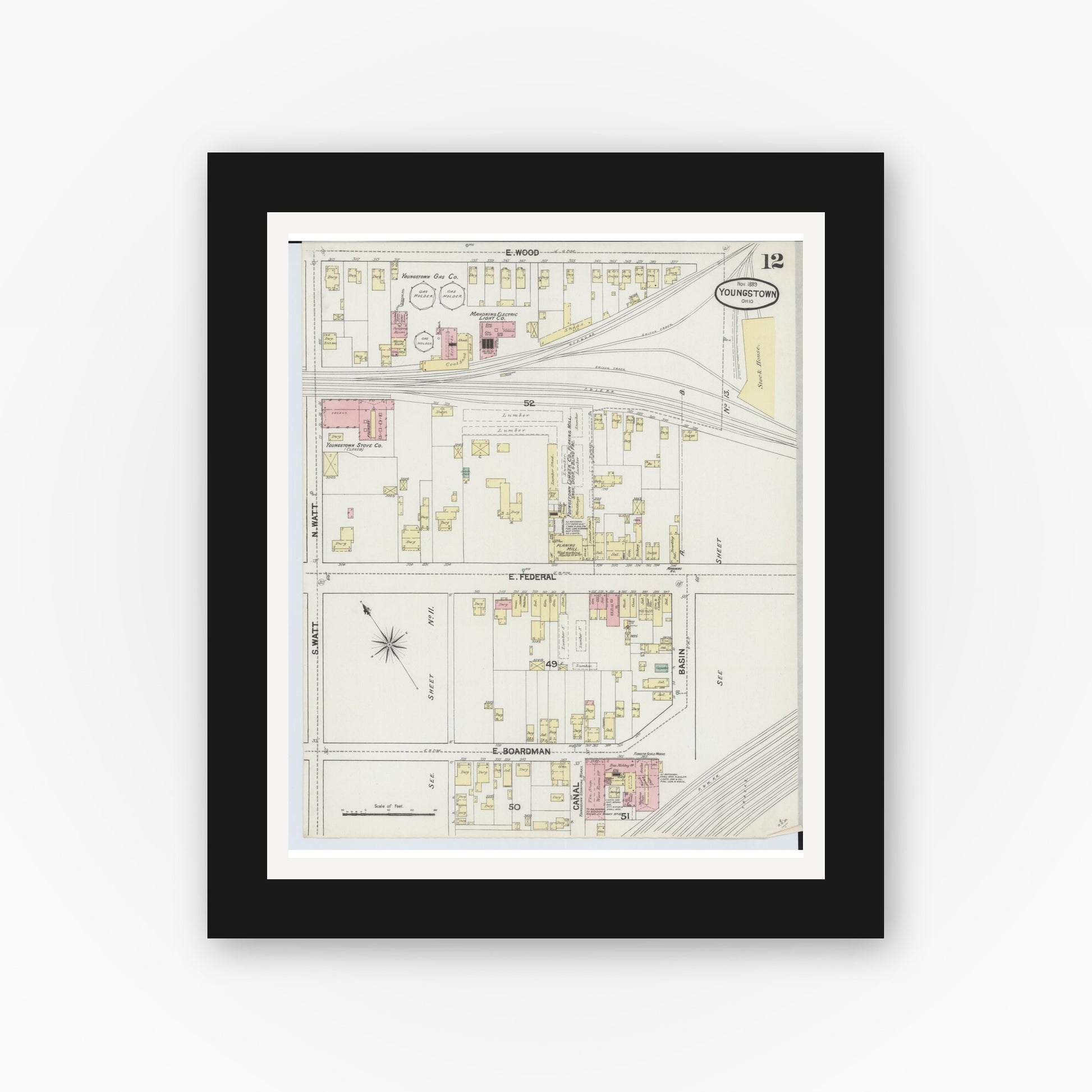 Old map wall art mockup — black gallery frame with white mat — Sanborn Fire Insurance Map from Youngstown, Mahoning County, Ohio (1889), Sheet #0012