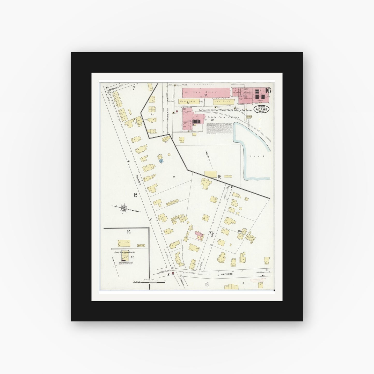 Old map wall art mockup — black gallery frame with white mat — Sanborn Fire Insurance Map from Adams, Berkshire County, Massachusetts (1914), Sheet #0016