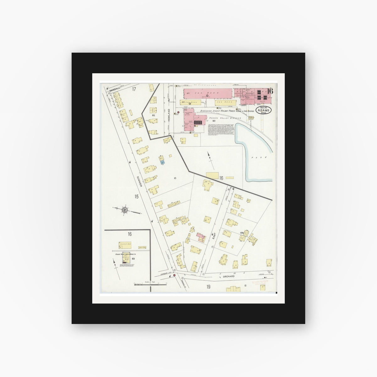 Old map wall art mockup — black gallery frame with white mat — Sanborn Fire Insurance Map from Adams, Berkshire County, Massachusetts (1914), Sheet #0016