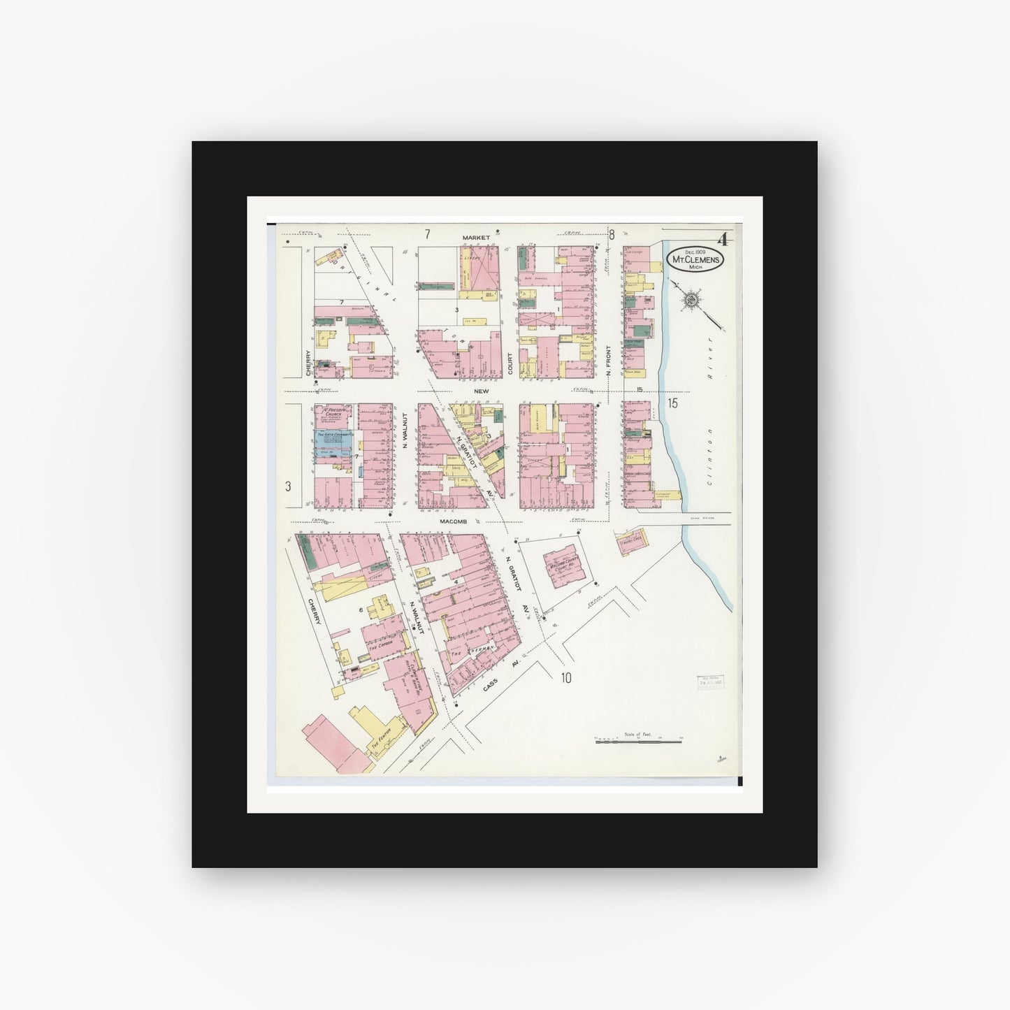 Old map wall art mockup — black gallery frame with white mat — Sanborn Fire Insurance Map from Mount Clemens, Macomb County, Michigan (1909), Sheet #0004