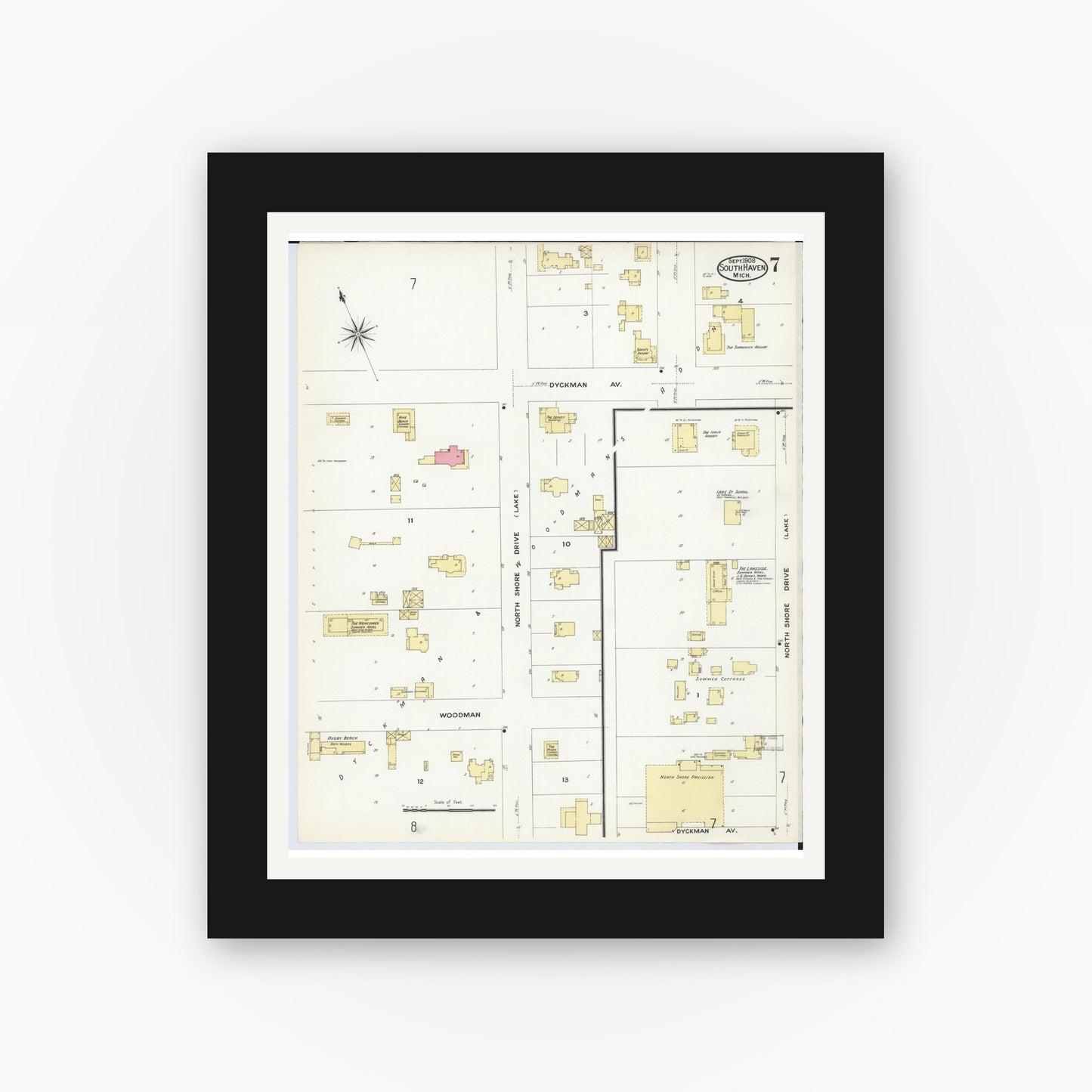 Old map wall art mockup — black gallery frame with white mat — Sanborn Fire Insurance Map from South Haven, Van Buren County, Michigan (1908), Sheet #0007