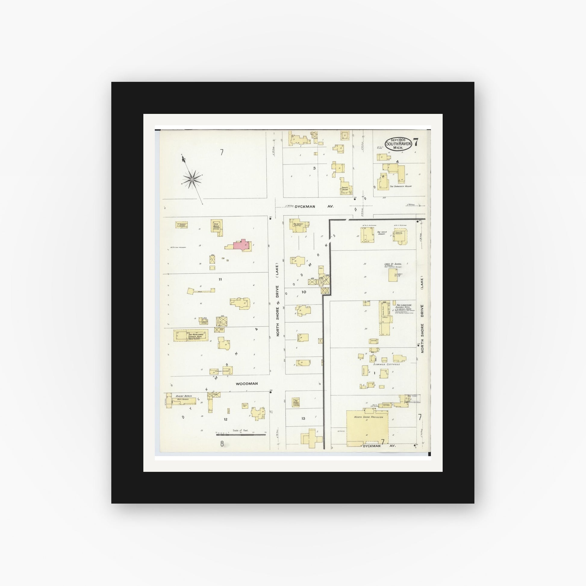Old map wall art mockup — black gallery frame with white mat — Sanborn Fire Insurance Map from South Haven, Van Buren County, Michigan (1908), Sheet #0007