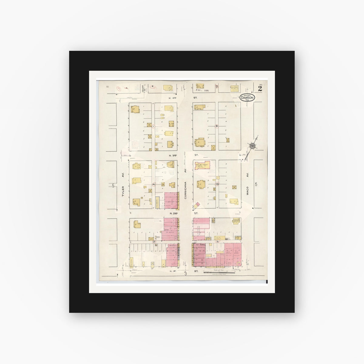 Old map wall art mockup — black gallery frame with white mat — Sanborn Fire Insurance Map from Dawson, Navarro County, Texas (1943), Sheet #0002
