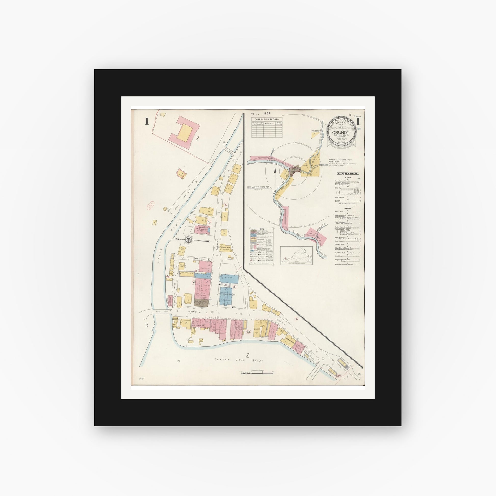 Old map wall art mockup — black gallery frame with white mat — Sanborn Fire Insurance Map from Grundy, Buchanan County, Virginia (1936) - Complete Map Set