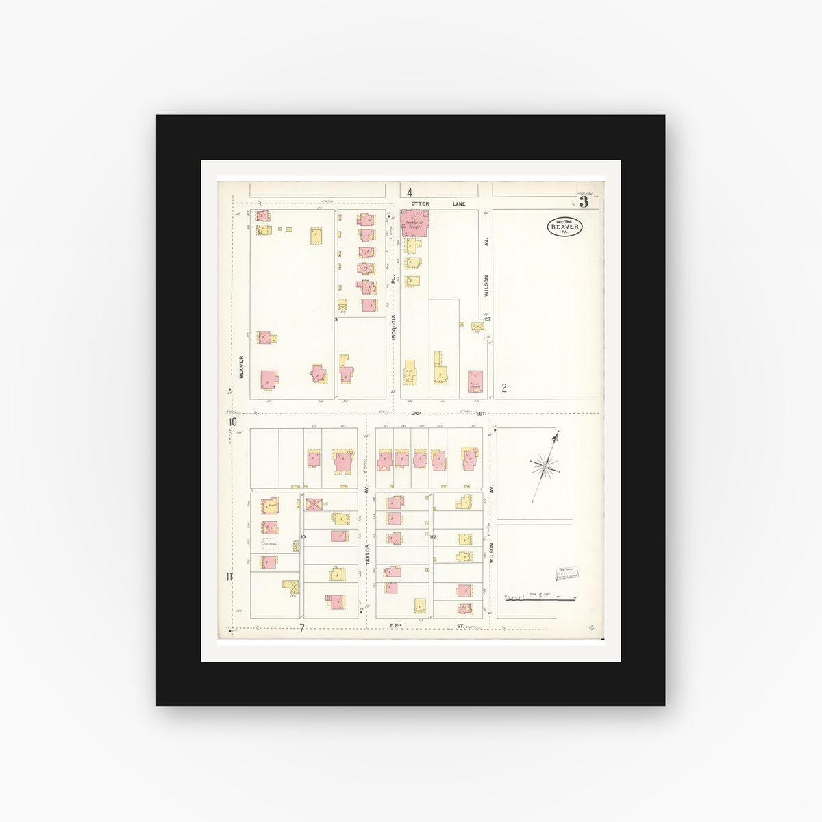 Old map wall art mockup — black gallery frame with white mat — Sanborn Fire Insurance Map from Beaver, Beaver County, Pennsylvania (1906), Sheet #0003