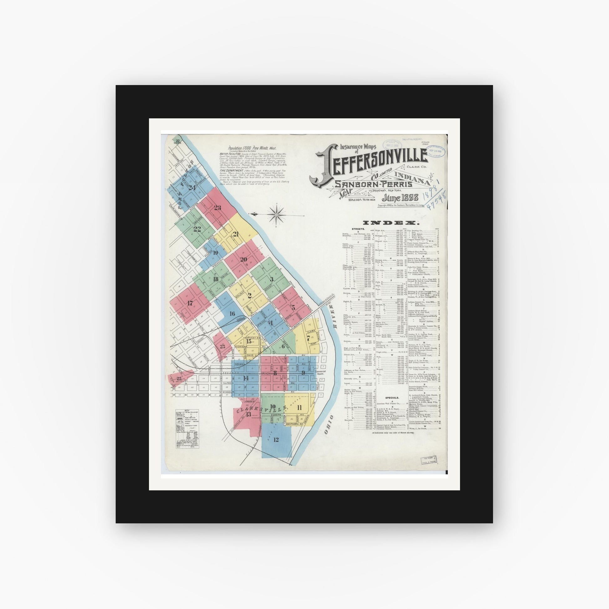 Old map wall art mockup — black gallery frame with white mat — Sanborn Fire Insurance Map from Jeffersonville, Clark County, Indiana (1898), Sheet #0001
