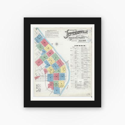 Old map wall art mockup — black gallery frame with white mat — Sanborn Fire Insurance Map from Jeffersonville, Clark County, Indiana (1898), Sheet #0001