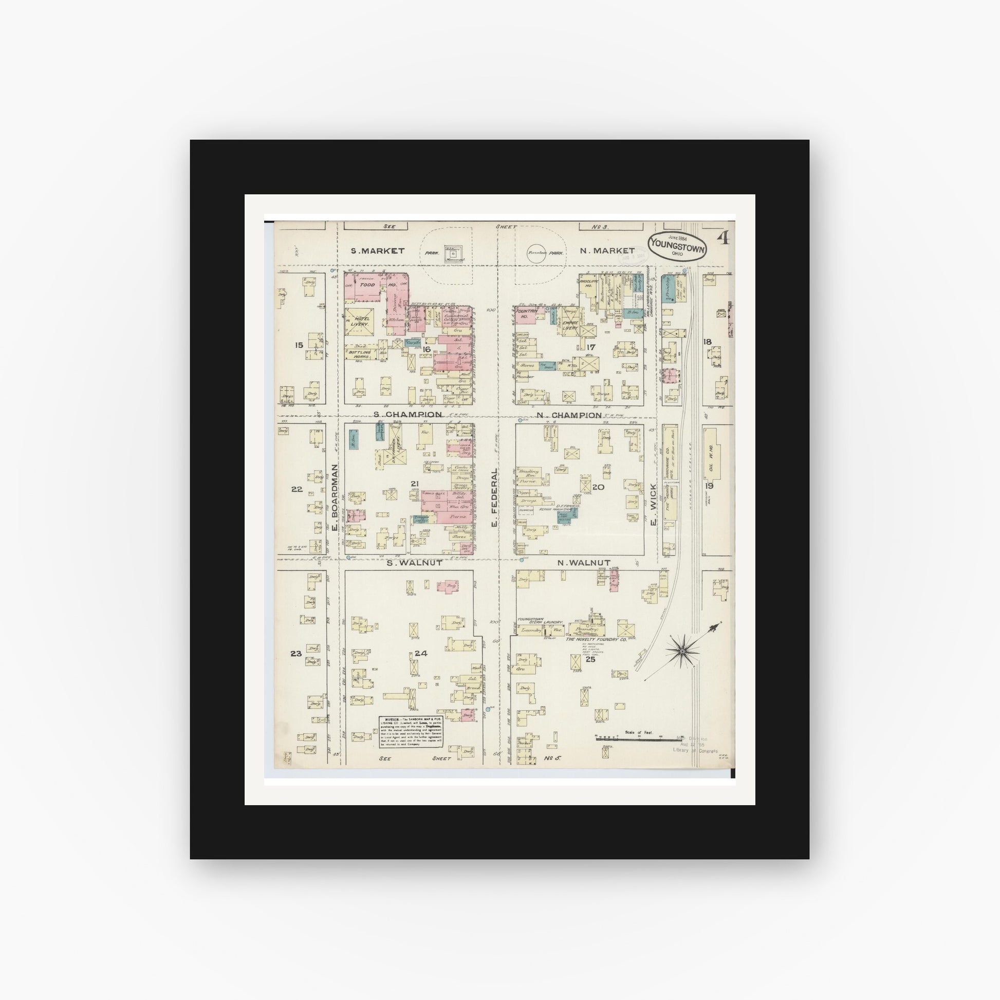 Old map wall art mockup — black gallery frame with white mat — Sanborn Fire Insurance Map from Youngstown, Mahoning County, Ohio (1884), Sheet #0004
