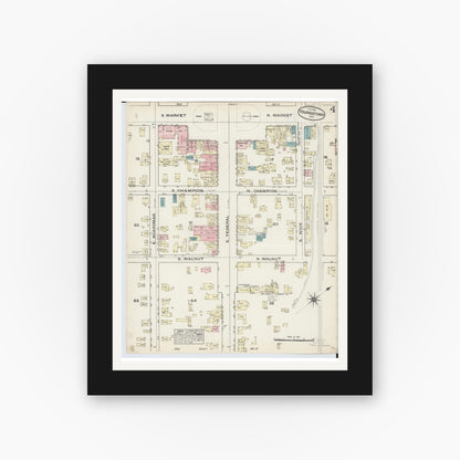 Old map wall art mockup — black gallery frame with white mat — Sanborn Fire Insurance Map from Youngstown, Mahoning County, Ohio (1884), Sheet #0004
