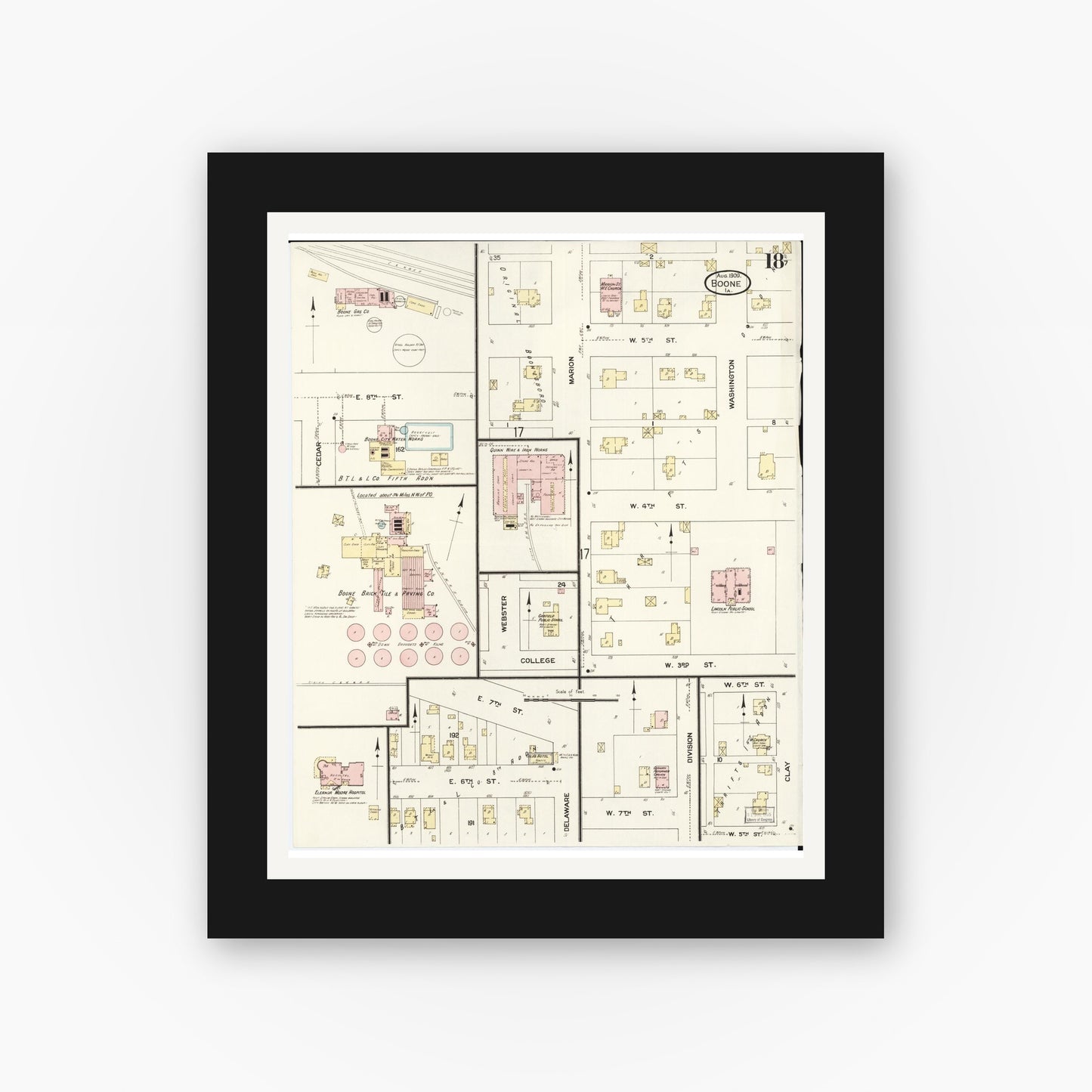 Old map wall art mockup — black gallery frame with white mat — Sanborn Fire Insurance Map from Boone, Boone County, Iowa (1909), Sheet #0018