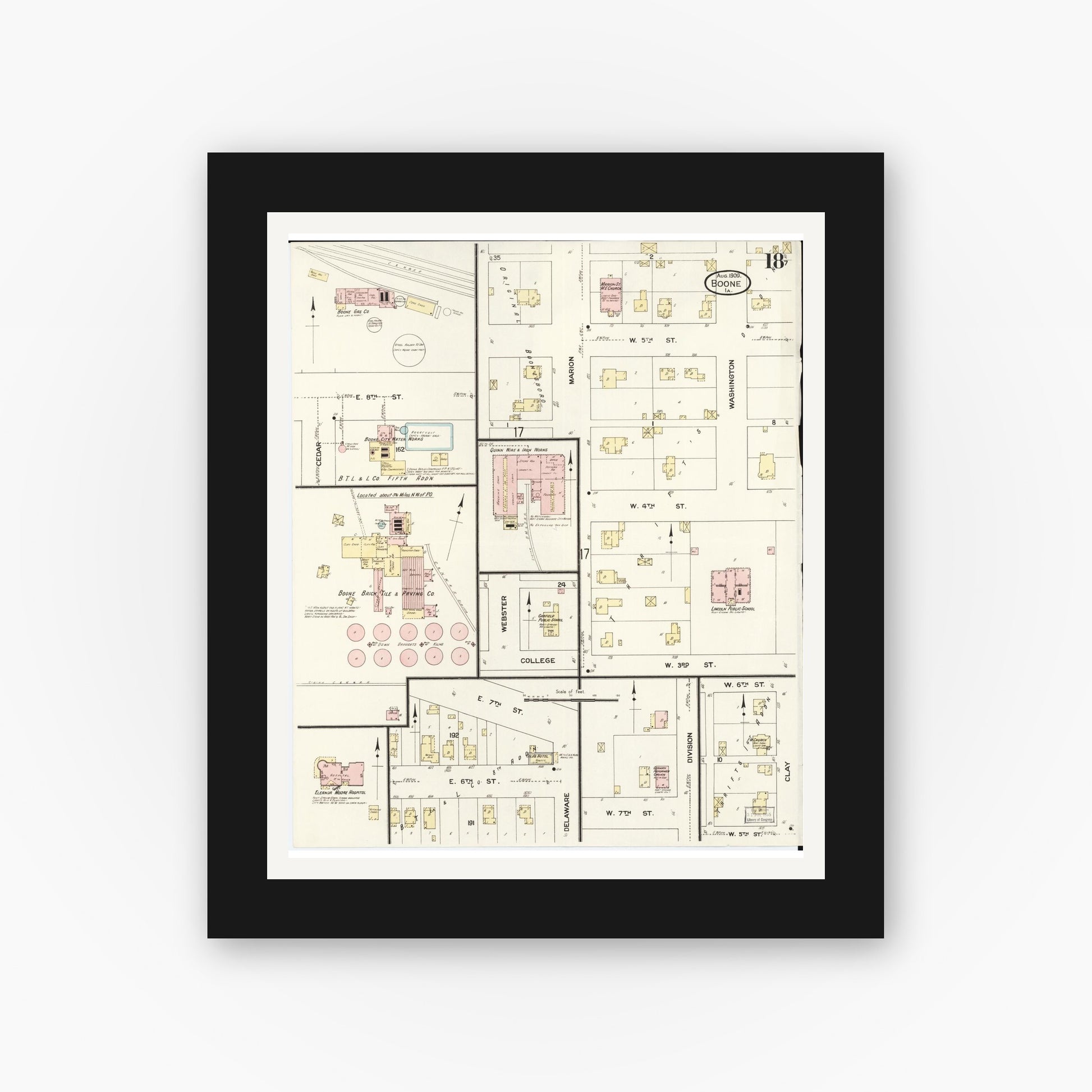 Old map wall art mockup — black gallery frame with white mat — Sanborn Fire Insurance Map from Boone, Boone County, Iowa (1909), Sheet #0018