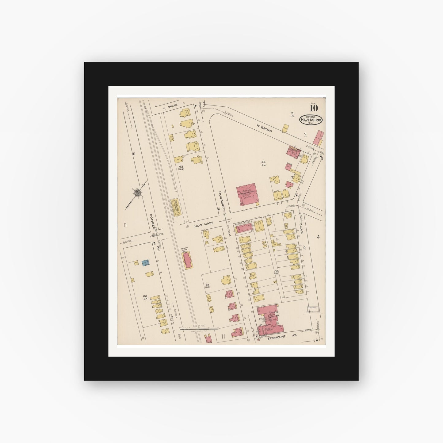 Old map wall art mockup — black gallery frame with white mat — Sanborn Fire Insurance Map from Haverstraw, Rockland County, New York (1921), Sheet #0010