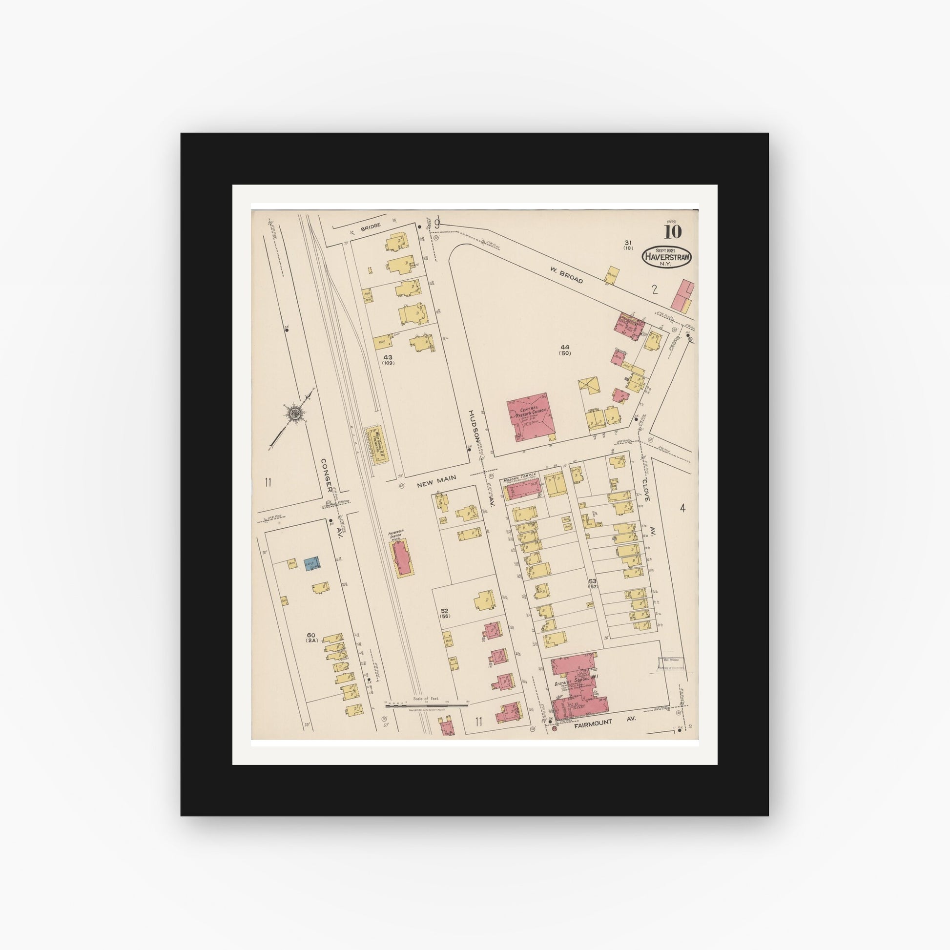Old map wall art mockup — black gallery frame with white mat — Sanborn Fire Insurance Map from Haverstraw, Rockland County, New York (1921), Sheet #0010