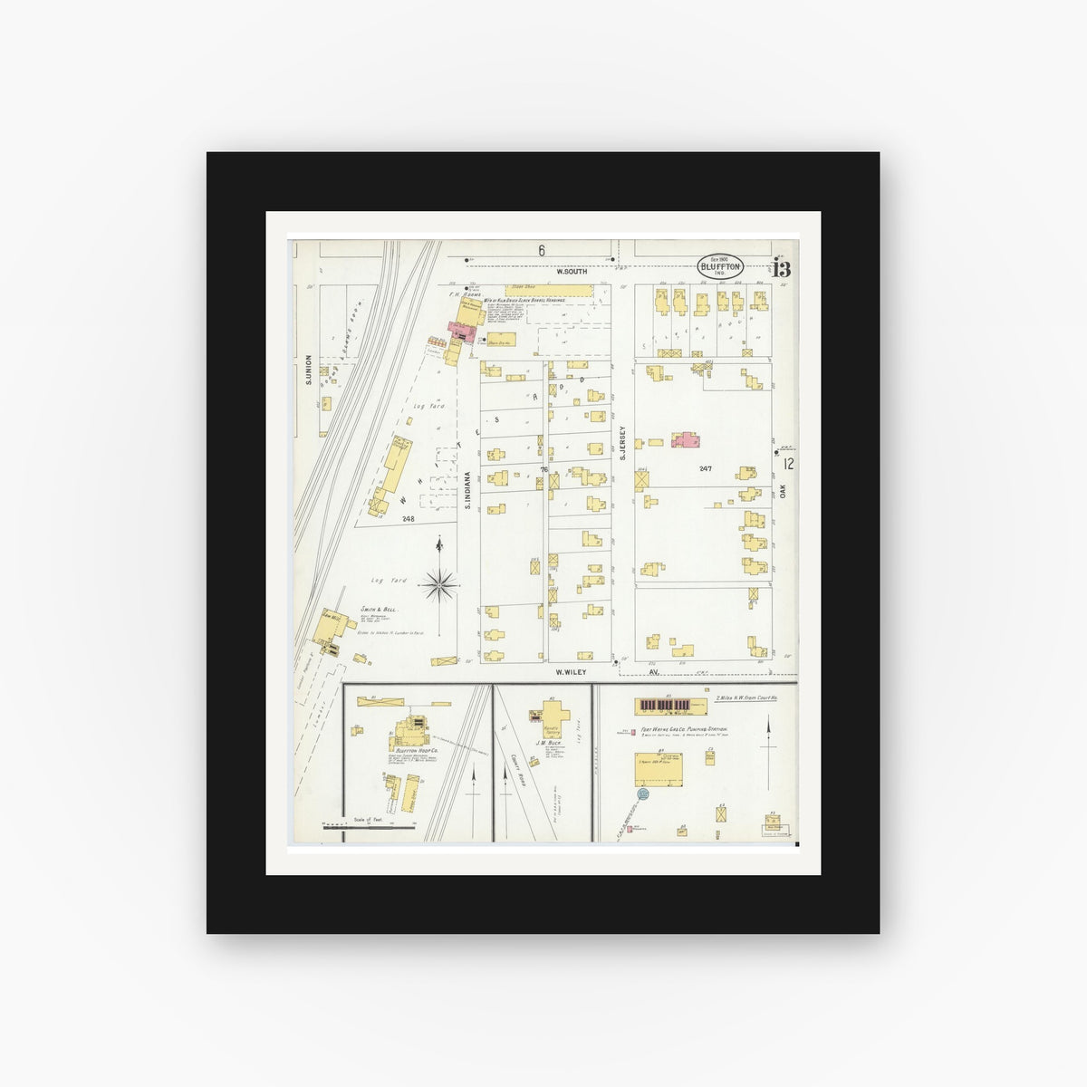 Old map wall art mockup — black gallery frame with white mat — Sanborn Fire Insurance Map from Bluffton, Wells County, Indiana (1900), Sheet #0013