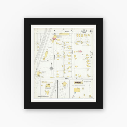 Old map wall art mockup — black gallery frame with white mat — Sanborn Fire Insurance Map from Bluffton, Wells County, Indiana (1900), Sheet #0013