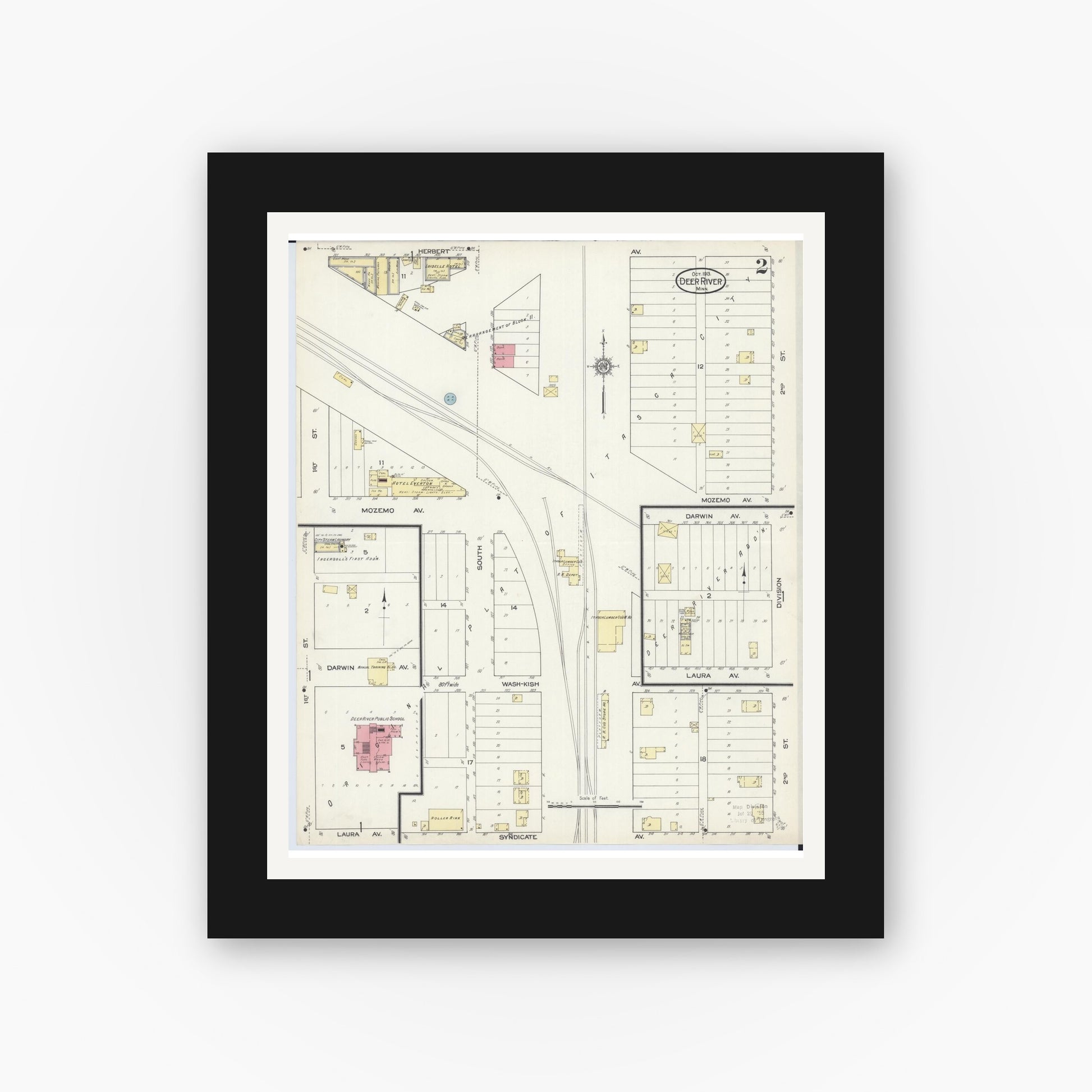 Old map wall art mockup — black gallery frame with white mat — Sanborn Fire Insurance Map from Deer River, Itasca County, Minnesota (1913), Sheet #0002