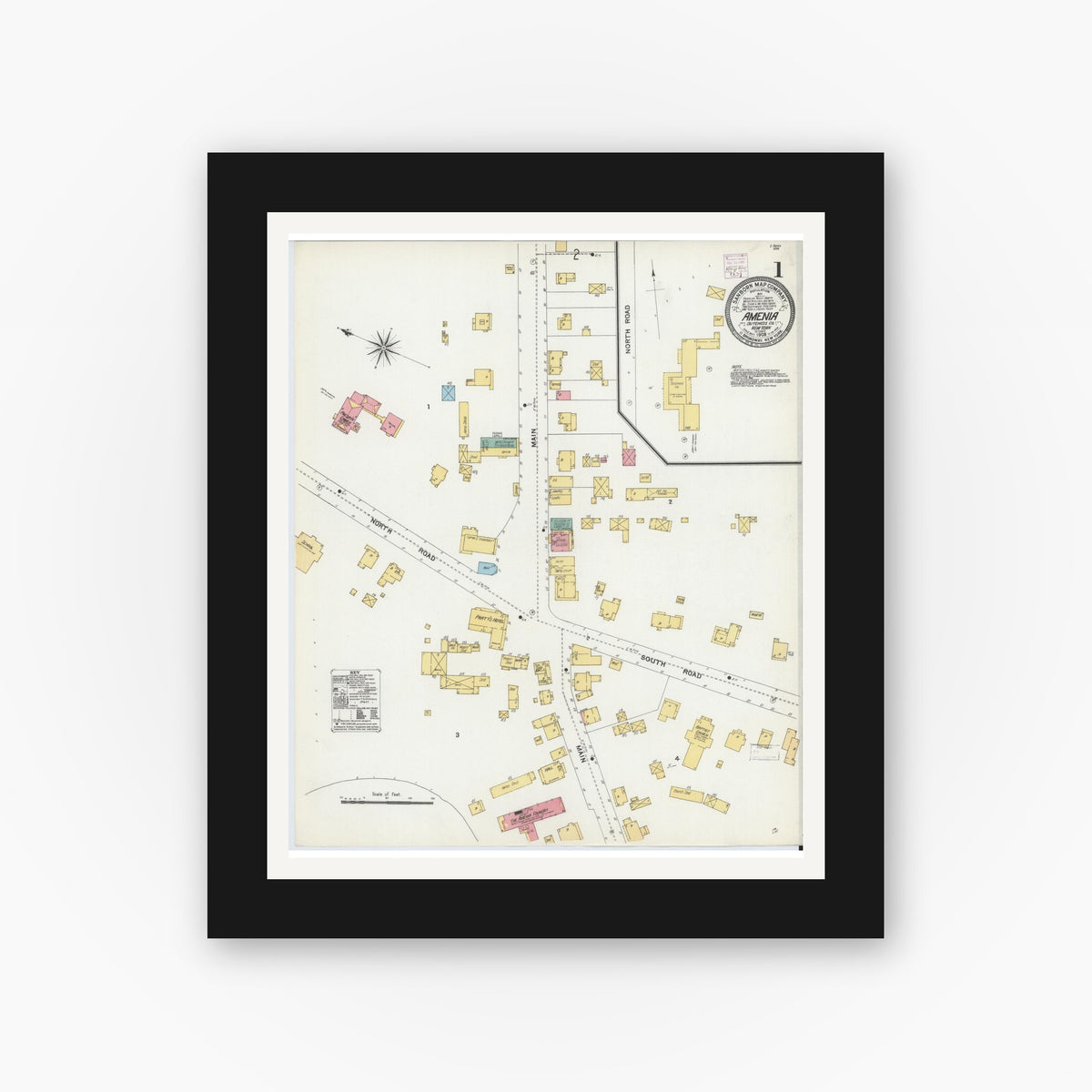 Old map wall art mockup — black gallery frame with white mat — Sanborn Fire Insurance Map from Amenia, Dutchess County, New York (1905) - Complete Map Set
