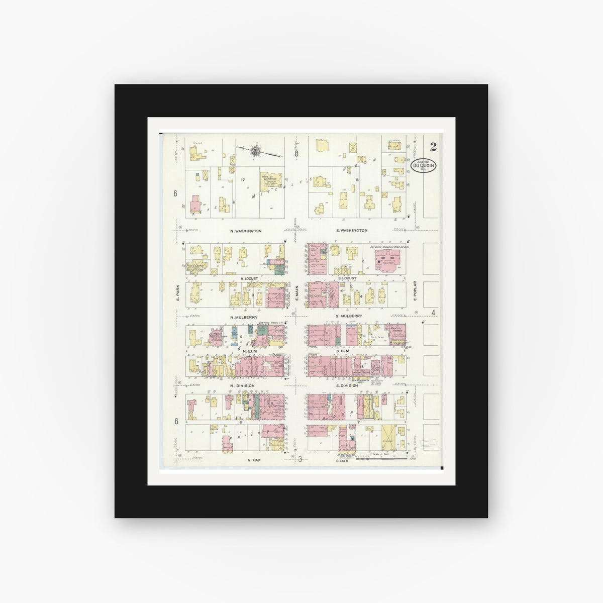 Old map wall art mockup — black gallery frame with white mat — Sanborn Fire Insurance Map from Du Quoin, Perry County, Illinois (1910), Sheet #0002