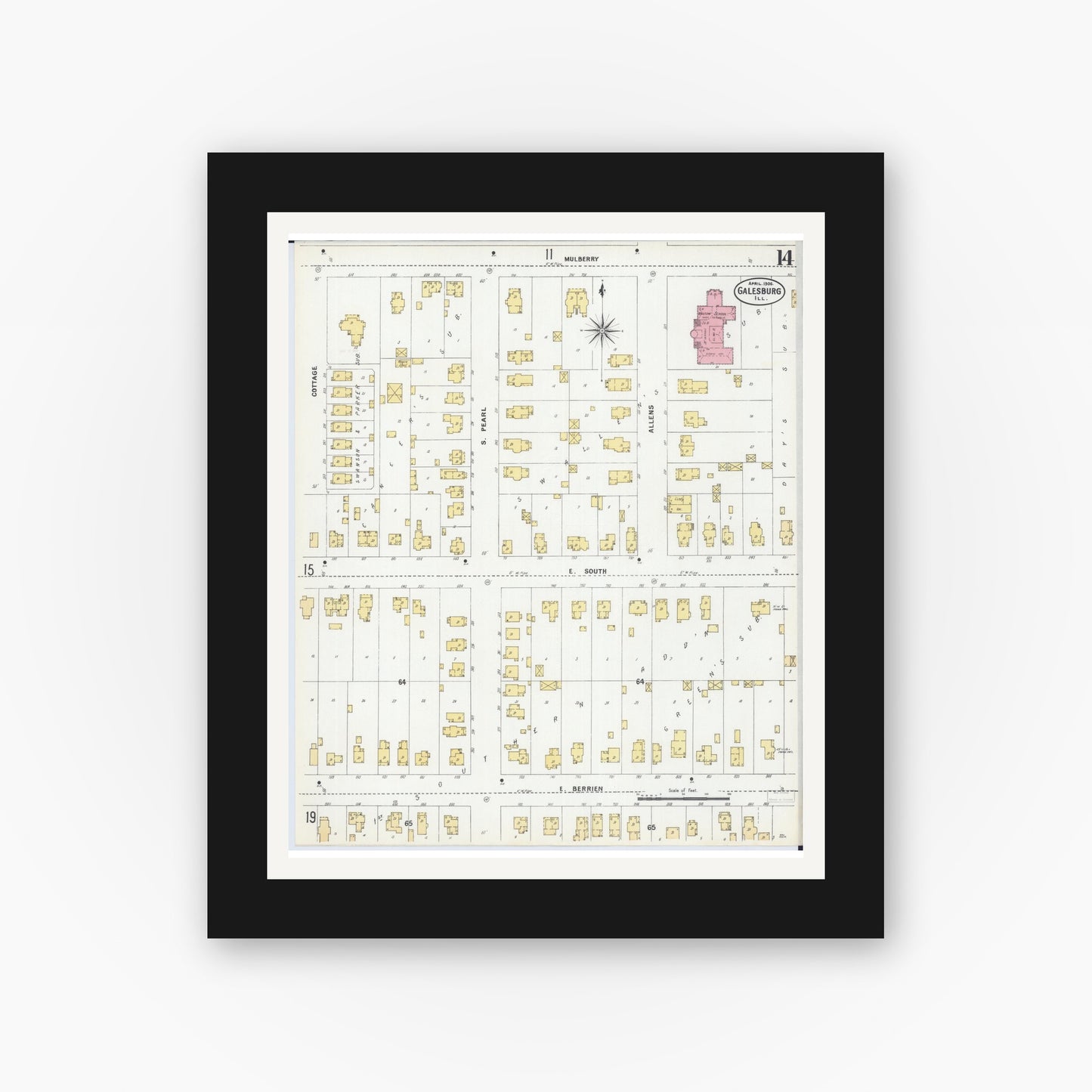 Old map wall art mockup — black gallery frame with white mat — Sanborn Fire Insurance Map from Galesburg, Knox County, Illinois (1906), Sheet #0014