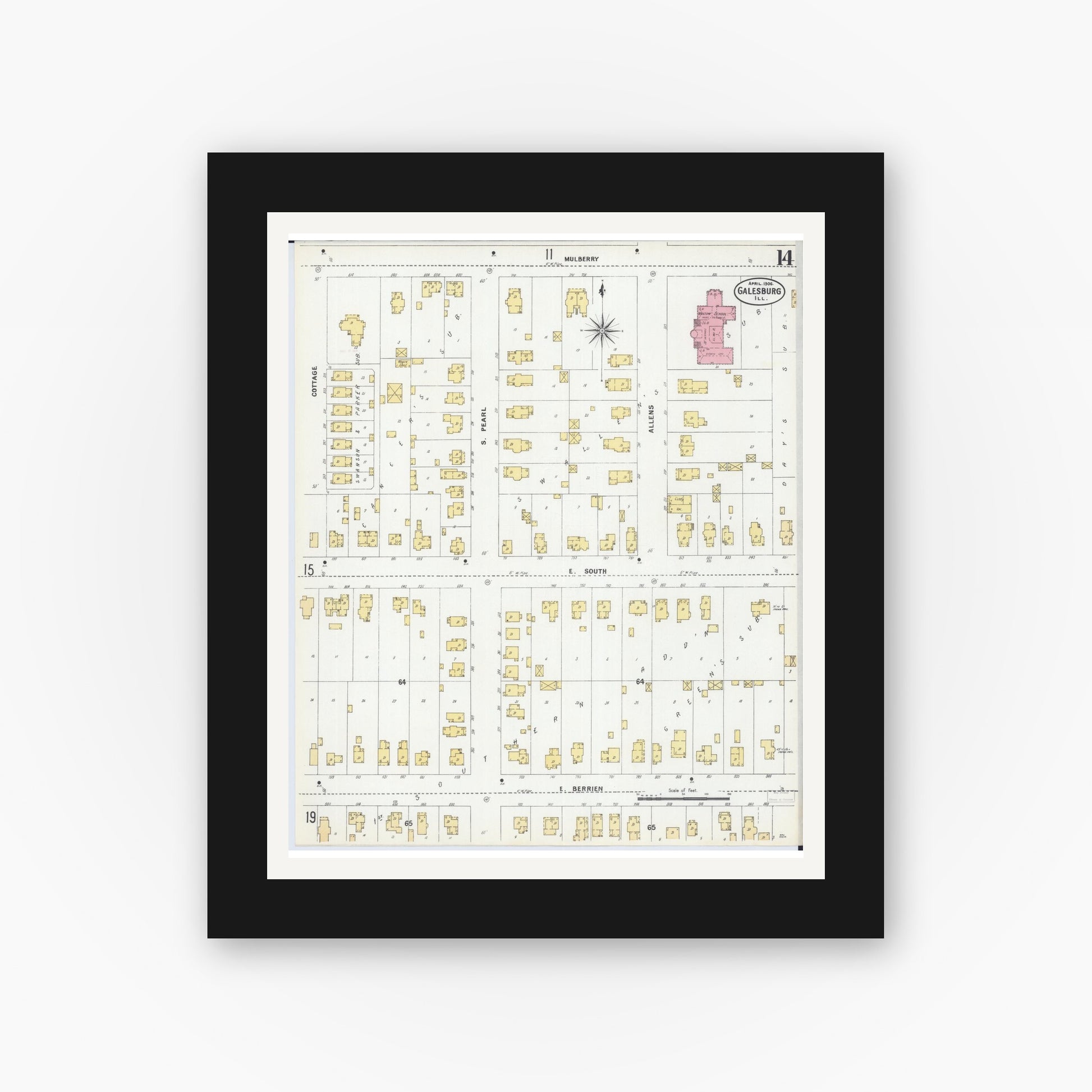 Old map wall art mockup — black gallery frame with white mat — Sanborn Fire Insurance Map from Galesburg, Knox County, Illinois (1906), Sheet #0014
