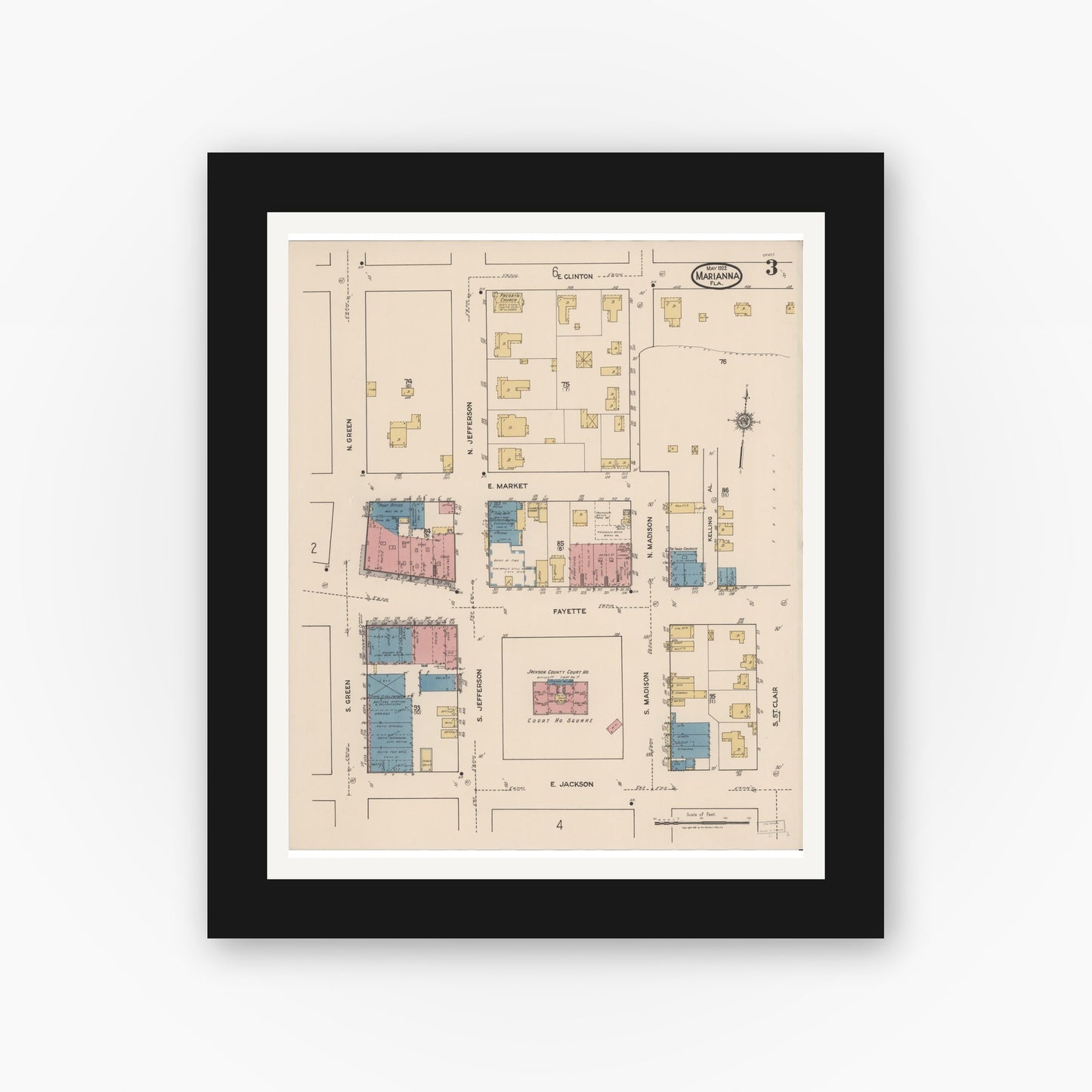 Old map wall art mockup — black gallery frame with white mat — Sanborn Fire Insurance Map from Marianna, Jackson County, Florida (1922), Sheet #0003