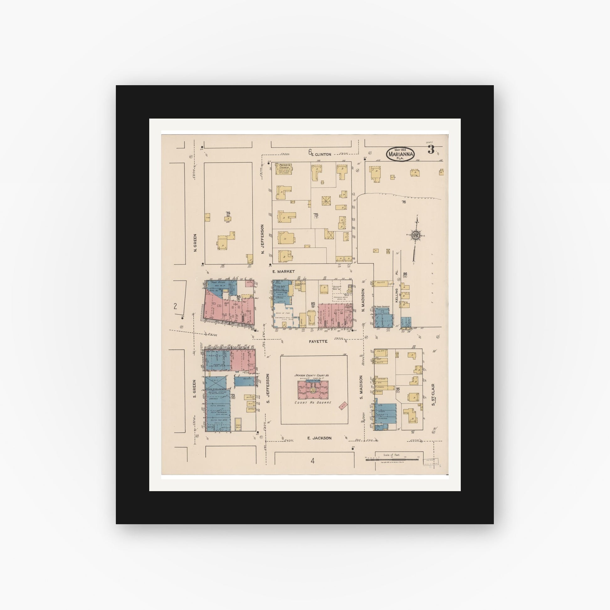 Old map wall art mockup — black gallery frame with white mat — Sanborn Fire Insurance Map from Marianna, Jackson County, Florida (1922), Sheet #0003