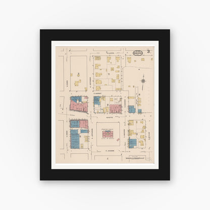 Old map wall art mockup — black gallery frame with white mat — Sanborn Fire Insurance Map from Marianna, Jackson County, Florida (1922), Sheet #0003