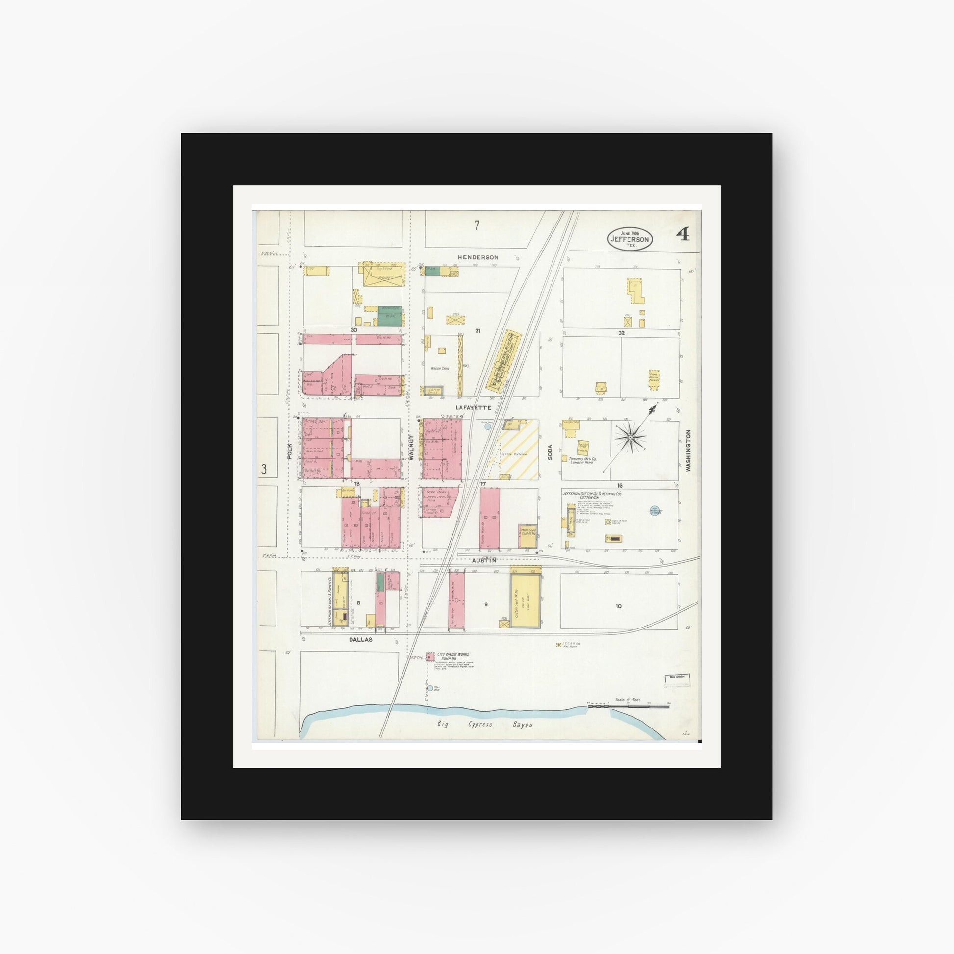 Old map wall art mockup — black gallery frame with white mat — Sanborn Fire Insurance Map from Jefferson, Marion County, Texas (1906), Sheet #0004
