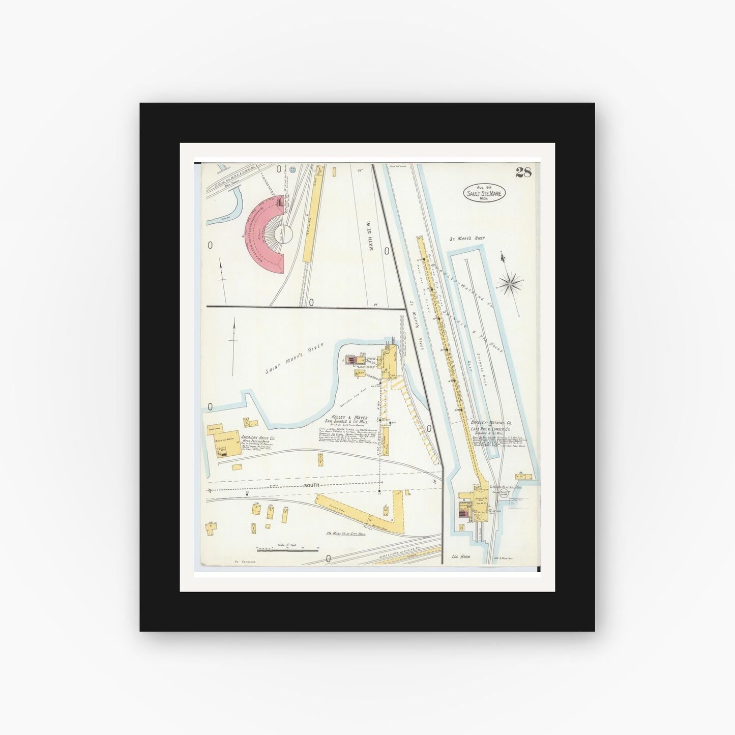 Old map wall art mockup — black gallery frame with white mat — Sanborn Fire Insurance Map from Sault Sainte Marie, Chippewa County, Michigan (1906), Sheet #0028