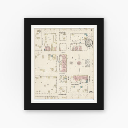 Old map wall art mockup — black gallery frame with white mat — Sanborn Fire Insurance Map from Denton, Denton County, Texas (1885) - Complete Map Set