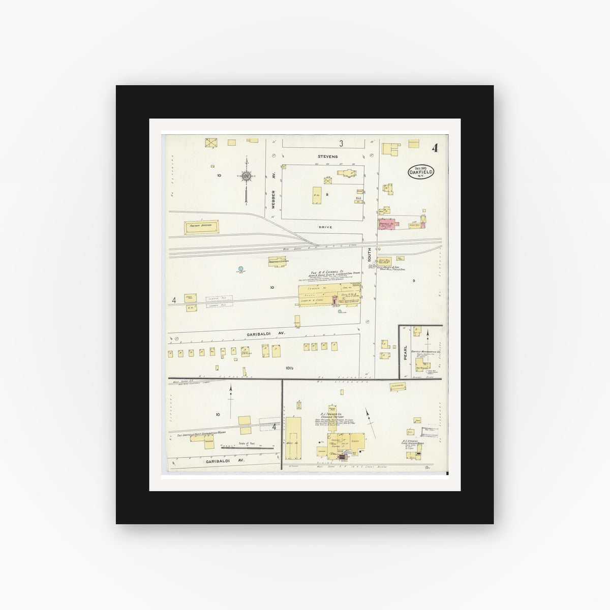 Old map wall art mockup — black gallery frame with white mat — Sanborn Fire Insurance Map from Oakfield, Genesee County, New York (1910), Sheet #0004