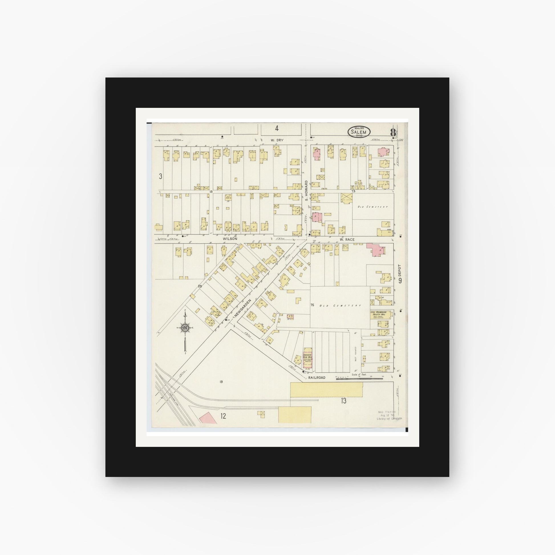 Old map wall art mockup — black gallery frame with white mat — Sanborn Fire Insurance Map from Salem, Columbiana County, Ohio (1915), Sheet #0008