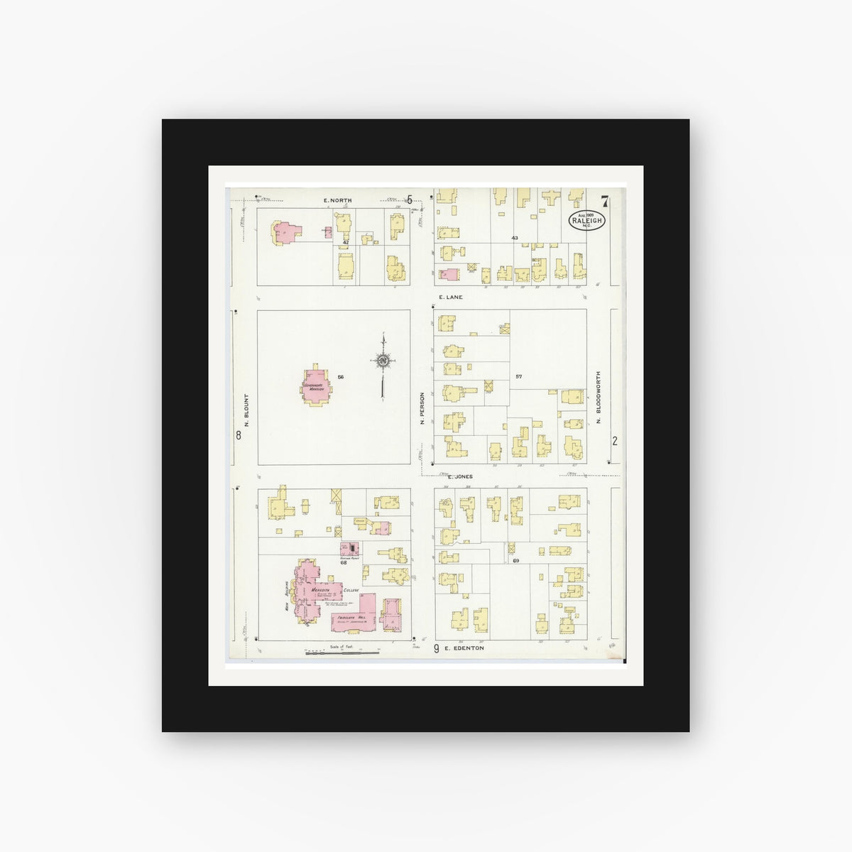 Old map wall art mockup — black gallery frame with white mat — Sanborn Fire Insurance Map from Raleigh, Wake County, North Carolina (1909), Sheet #0007