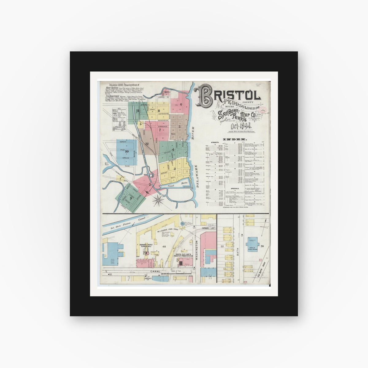 Old map wall art mockup — black gallery frame with white mat — Sanborn Fire Insurance Map from Bristol, Bucks County, Pennsylvania (1894) - Complete Map Set