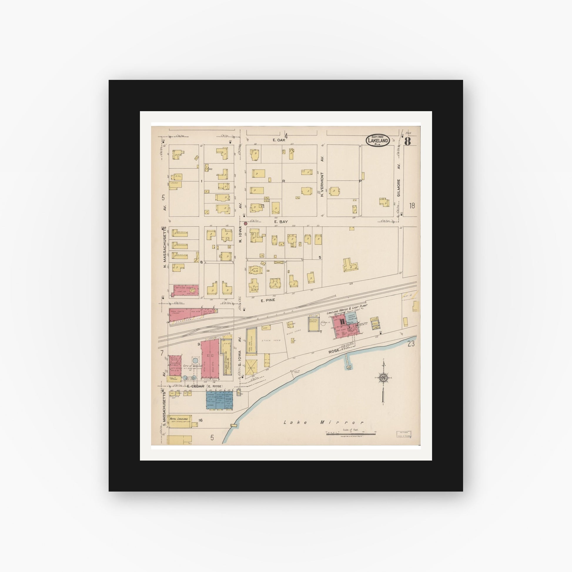 Old map wall art mockup — black gallery frame with white mat — Sanborn Fire Insurance Map from Lakeland, Polk County, Florida (1922), Sheet #0008