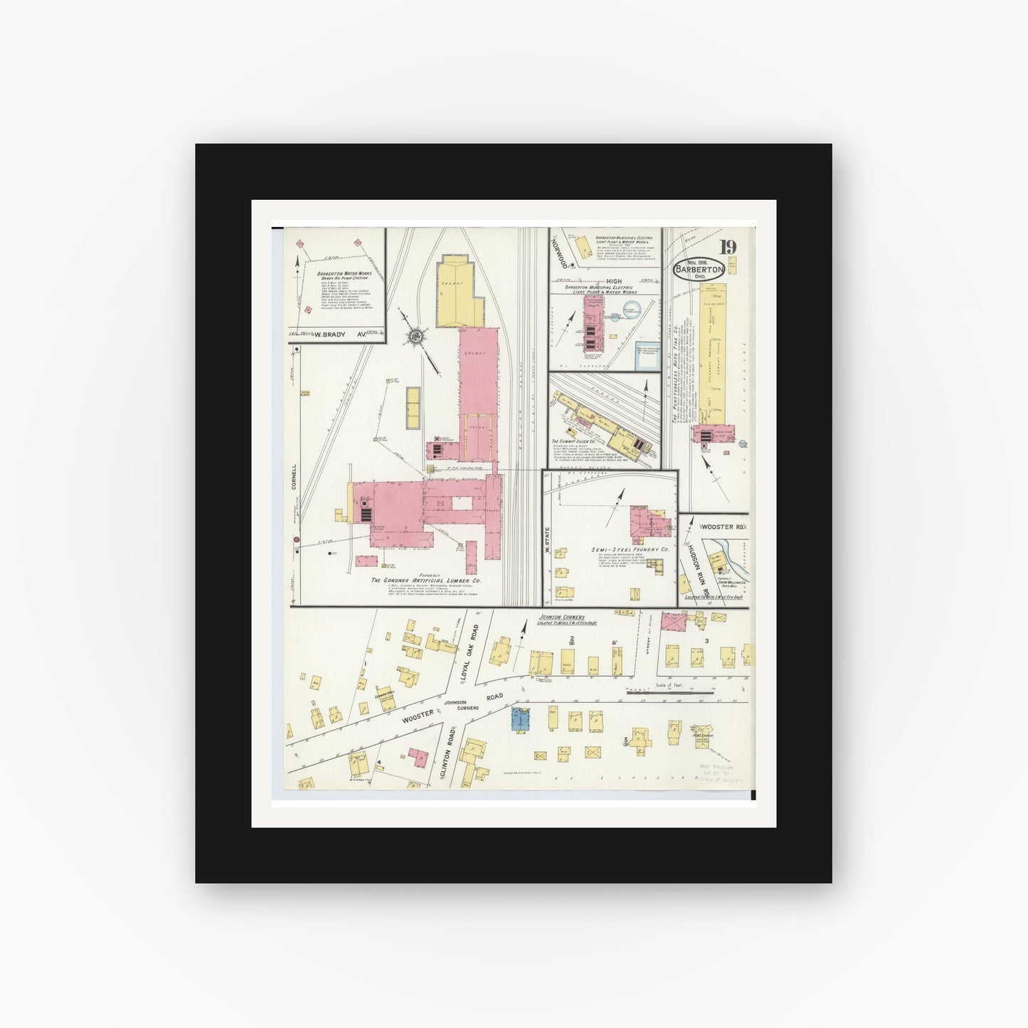 Old map wall art mockup — black gallery frame with white mat — Sanborn Fire Insurance Map from Barberton, Summit County, Ohio (1916), Sheet #0019