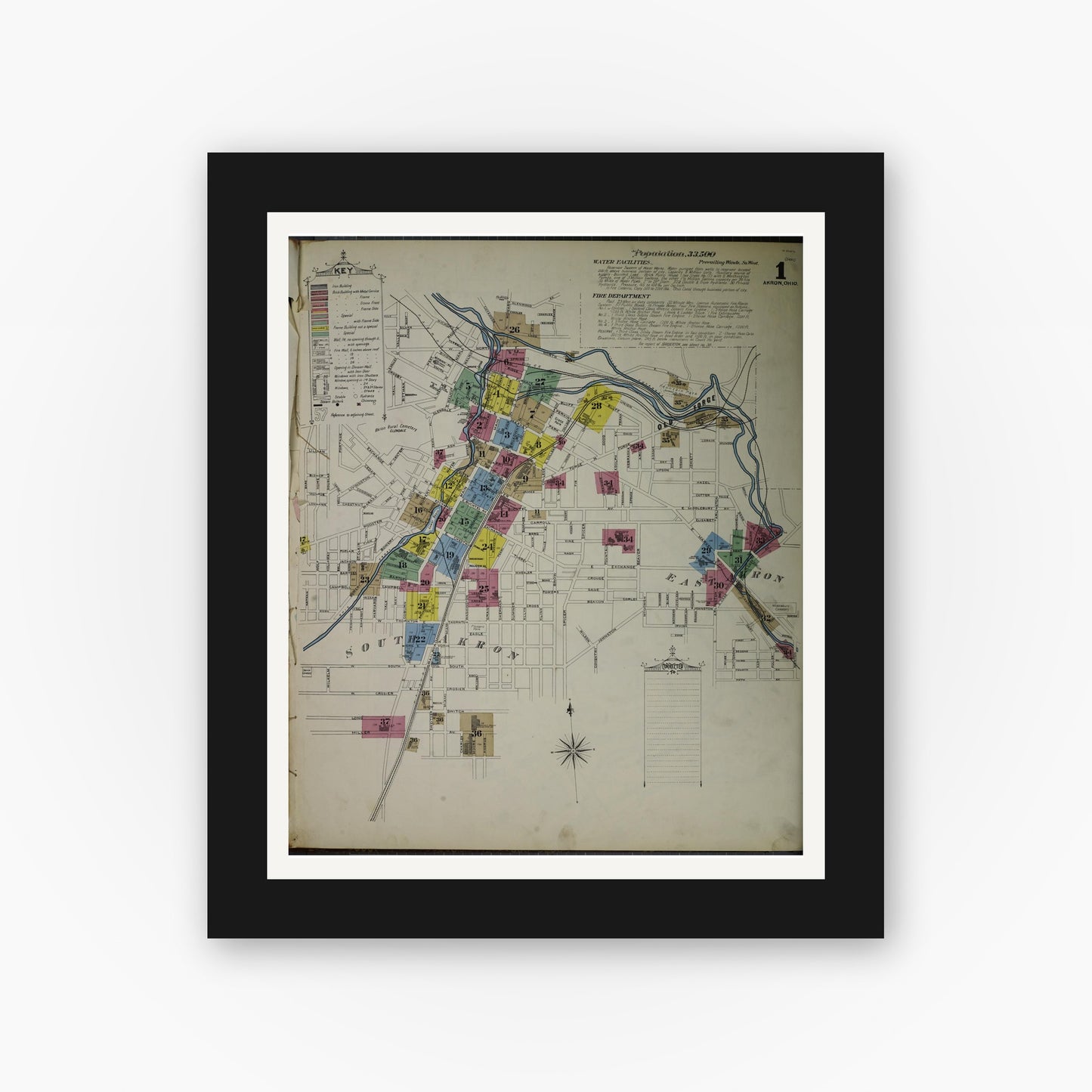 Old map wall art mockup — black gallery frame with white mat — Sanborn Fire Insurance Map from Akron, Summit County, Ohio (1892), Sheet #0001