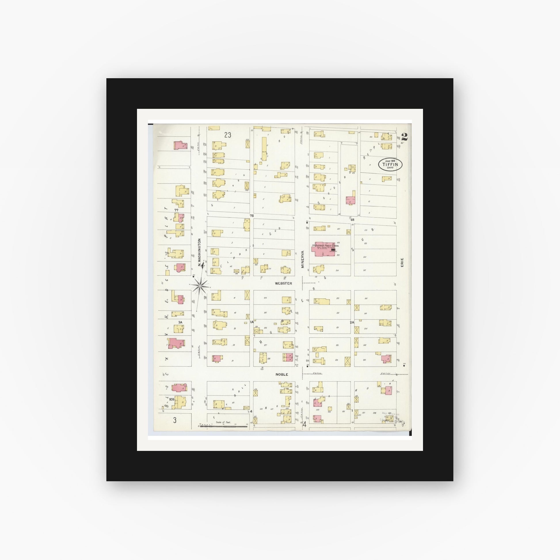 Old map wall art mockup — black gallery frame with white mat — Sanborn Fire Insurance Map from Tiffin, Seneca County, Ohio (1908), Sheet #0002