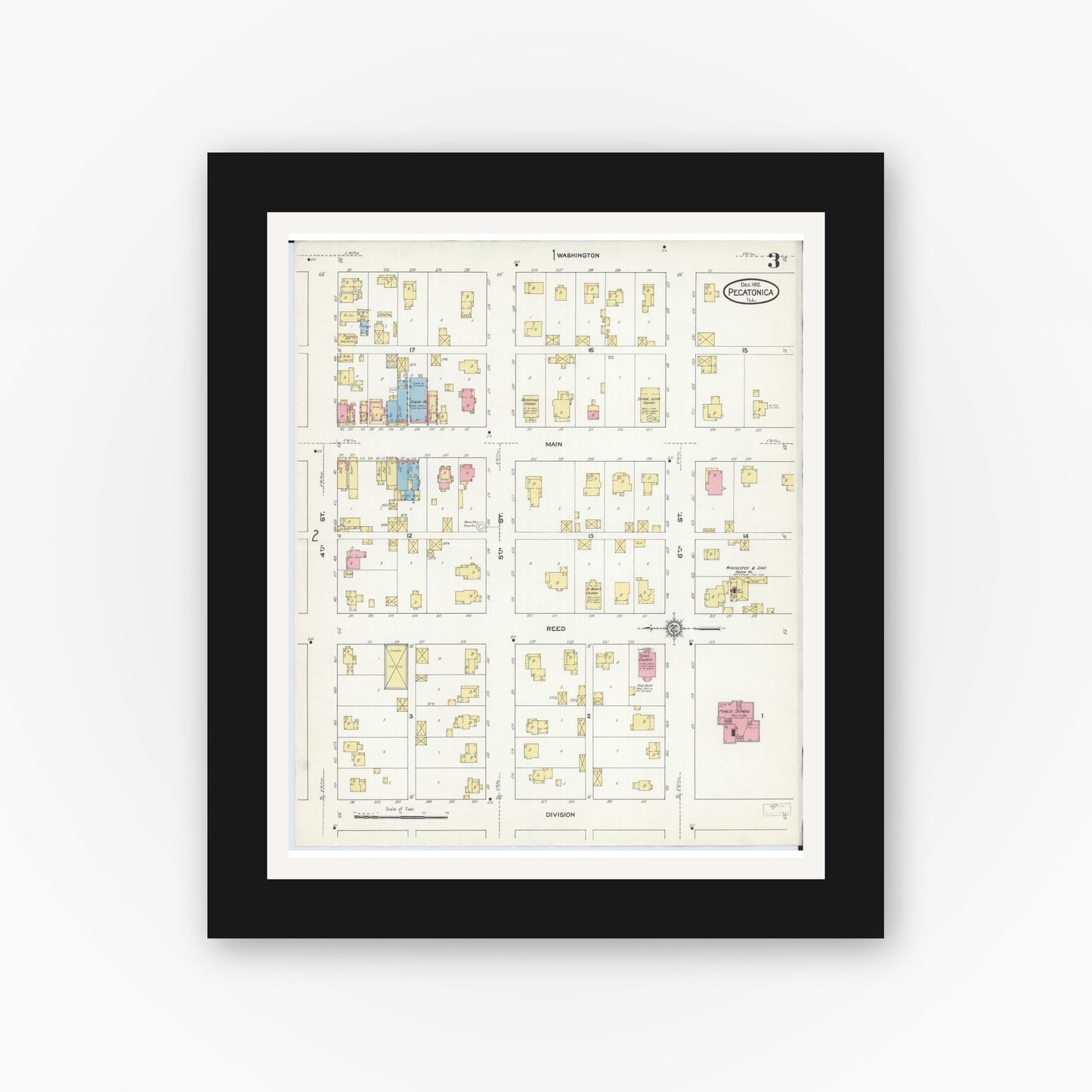 Old map wall art mockup — black gallery frame with white mat — Sanborn Fire Insurance Map from Pecatonica, Winnebago County, Illinois (1912), Sheet #0003