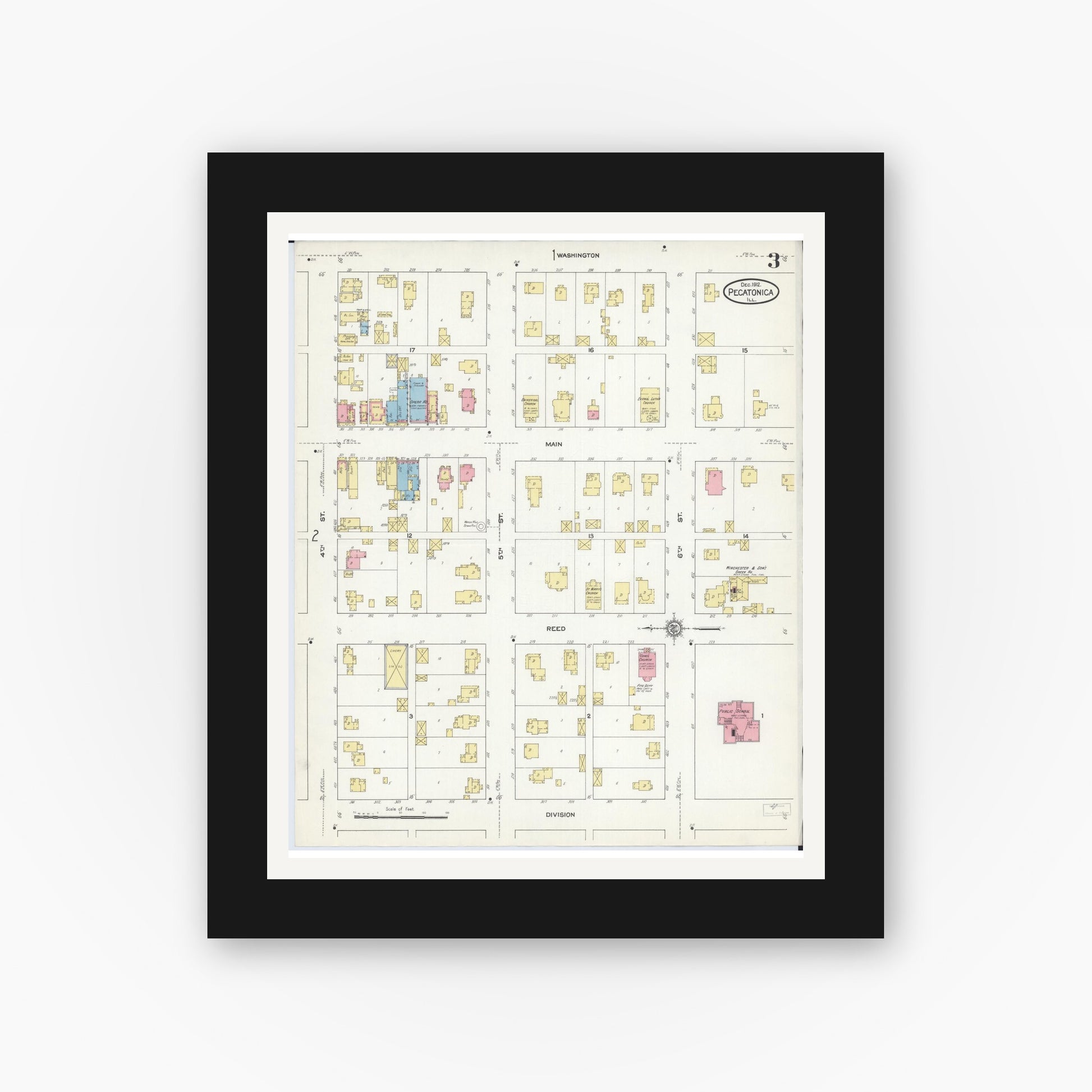 Old map wall art mockup — black gallery frame with white mat — Sanborn Fire Insurance Map from Pecatonica, Winnebago County, Illinois (1912), Sheet #0003