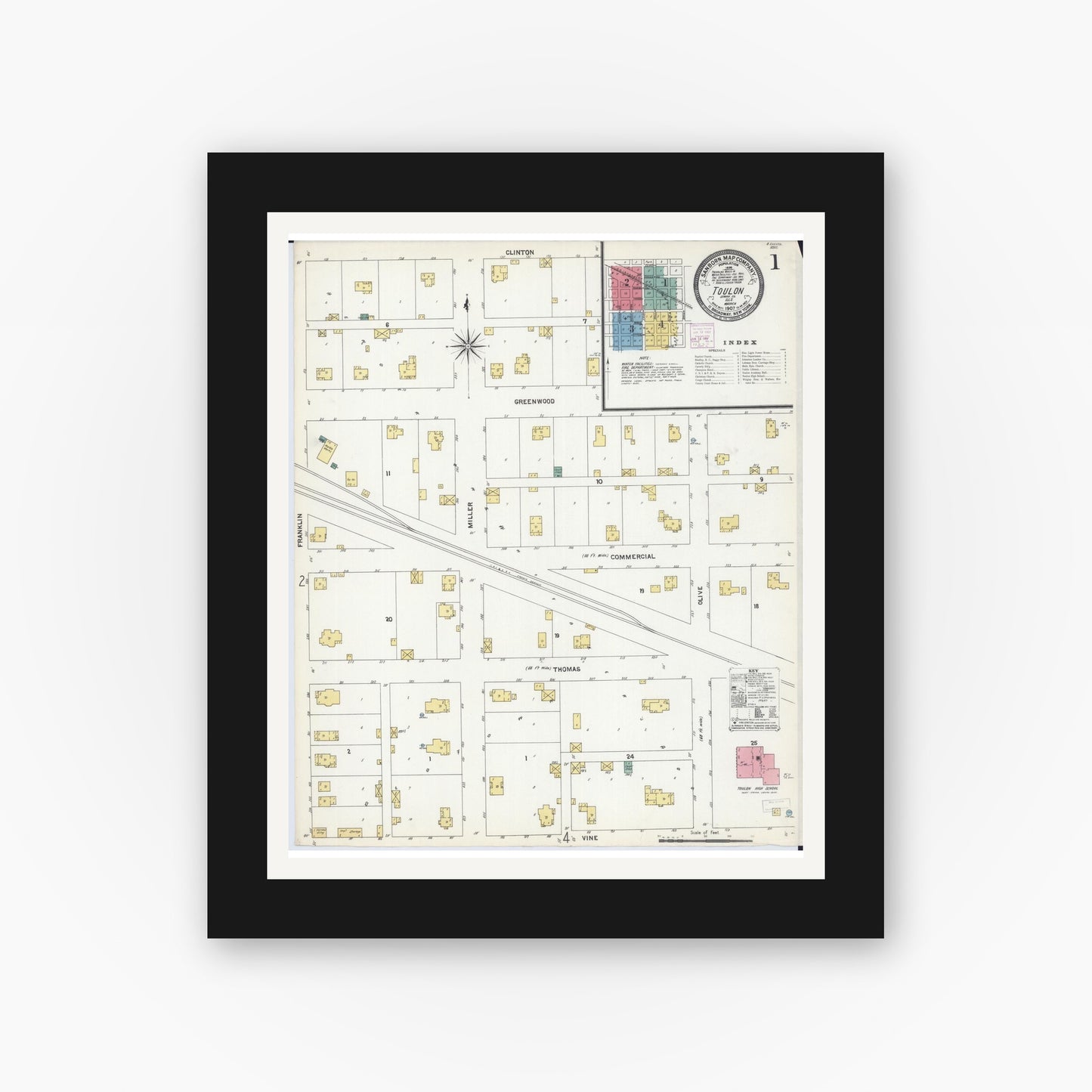 Old map wall art mockup — black gallery frame with white mat — Sanborn Fire Insurance Map from Toulon, Stark County, Illinois (1907), Sheet #0001