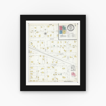 Old map wall art mockup — black gallery frame with white mat — Sanborn Fire Insurance Map from Toulon, Stark County, Illinois (1907), Sheet #0001