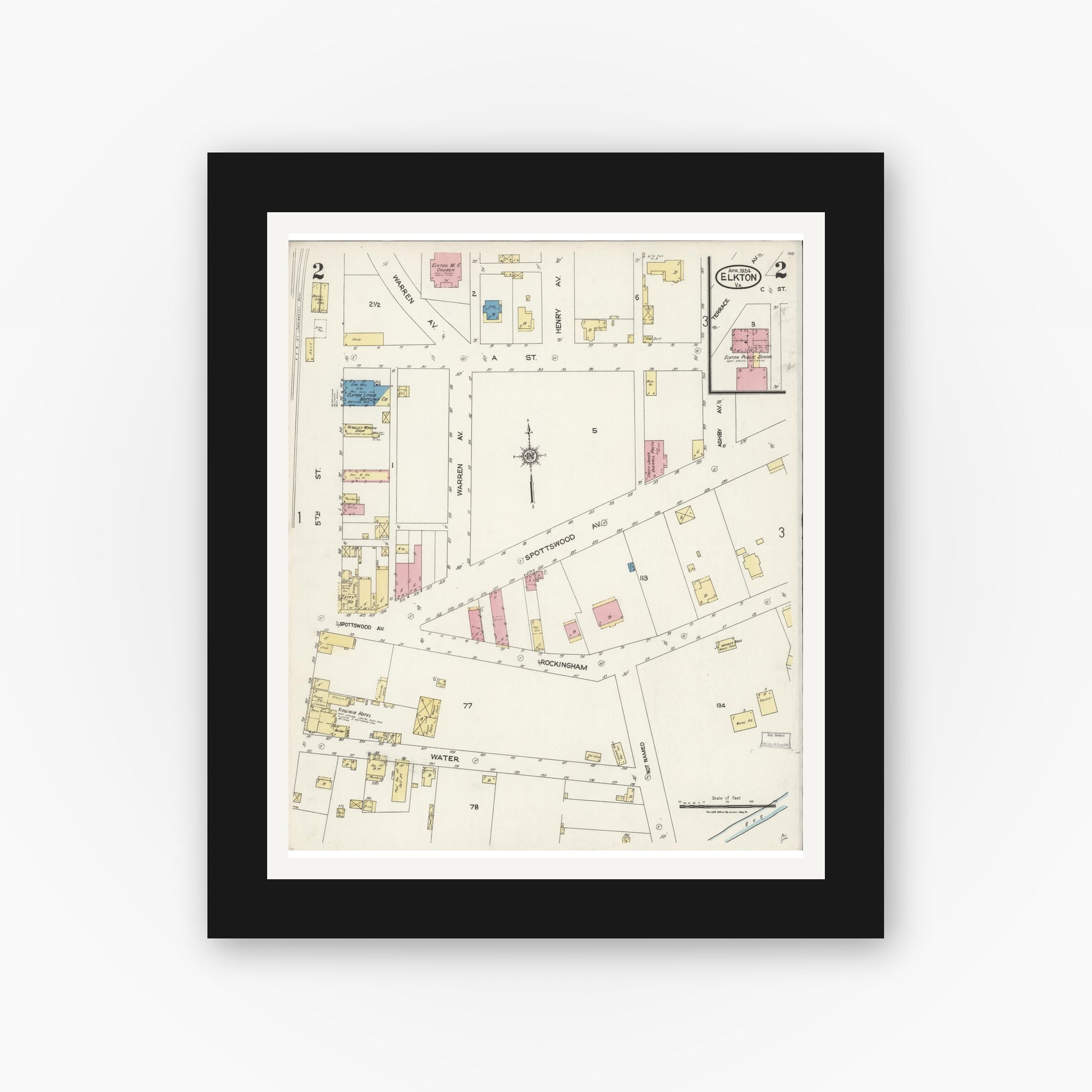 Old map wall art mockup — black gallery frame with white mat — Sanborn Fire Insurance Map from Elkton, Rockingham County, Virginia (1924), Sheet #0002
