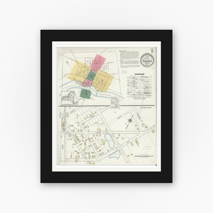 Old map wall art mockup — black gallery frame with white mat — Sanborn Fire Insurance Map from Phoenix, Oswego County, New York (1919), Sheet #0001